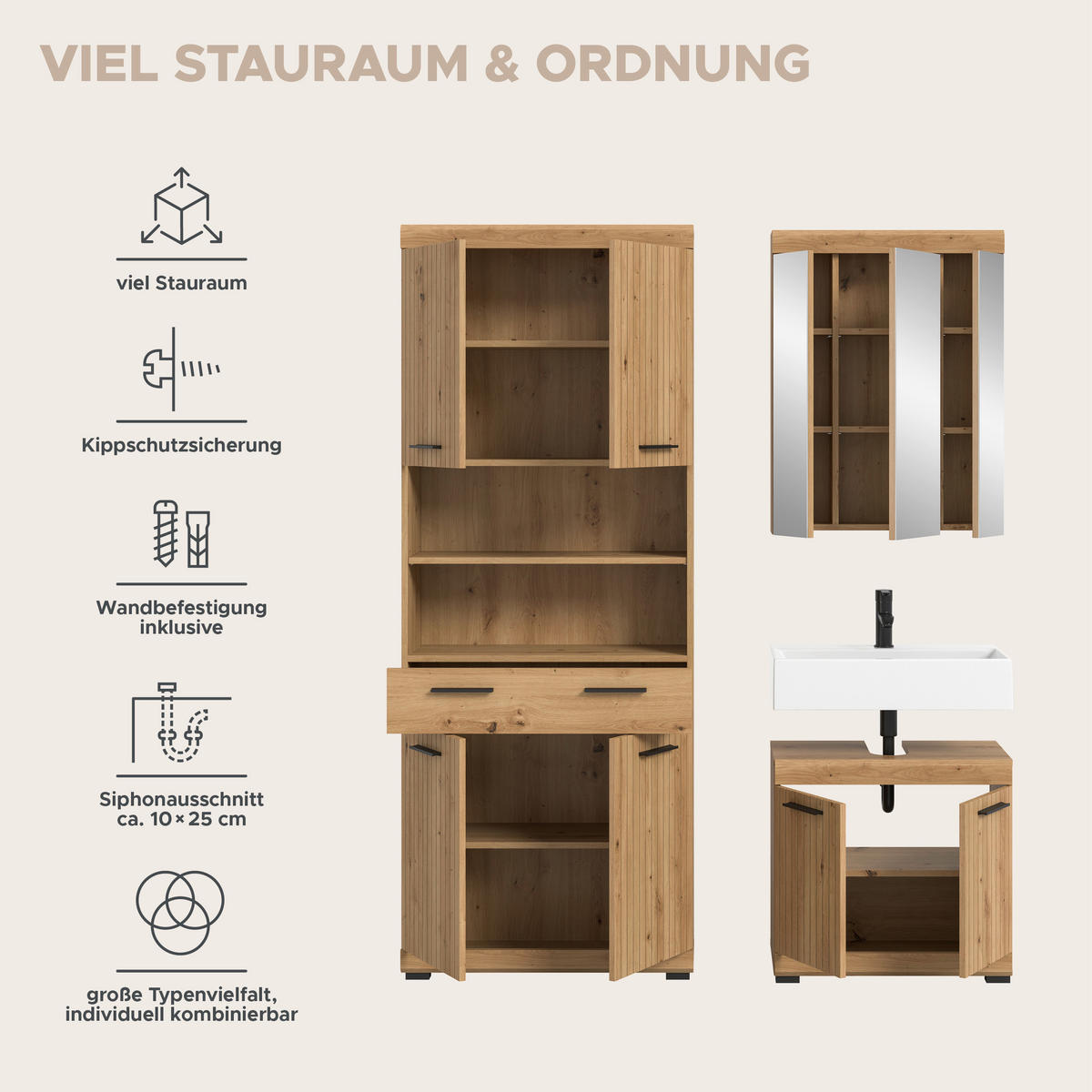 BADEZIMMER Vento 3-tlg. (B/H/T: ca. 149/191/34 cm) in Artisan Eiche /Artisan Eiche - Eiche Artisan, Holz (149/191/34cm)