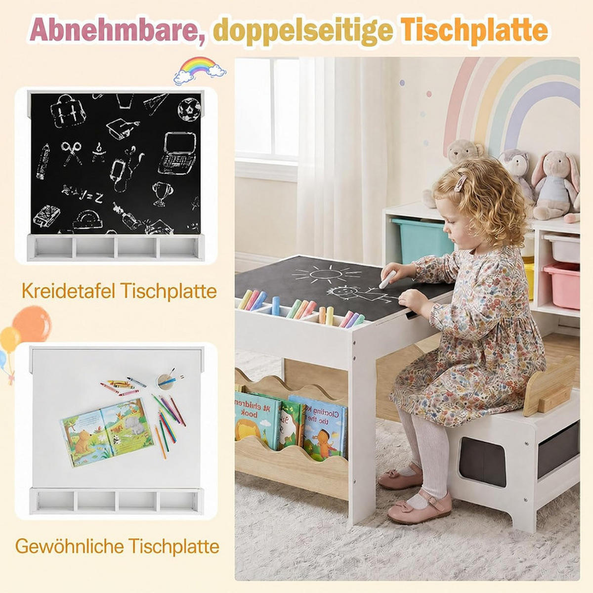 KINDERTISCH mit Stuhl natur(3-tlg) - Naturfarben, Holzwerkstoff (66/48/64cm) - COSTWAY