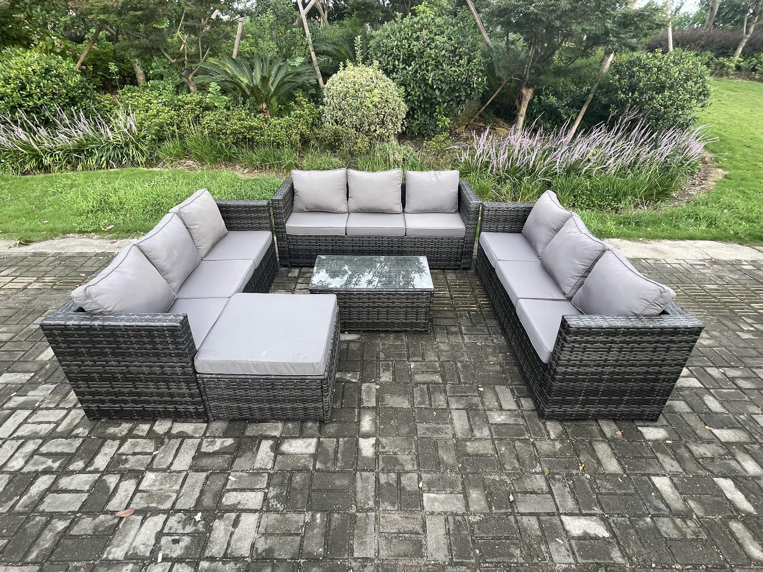 GARTENSET mit Couchtisch Polyrattan 10-Sitzer - Dunkelgrau, Metall - Fimous