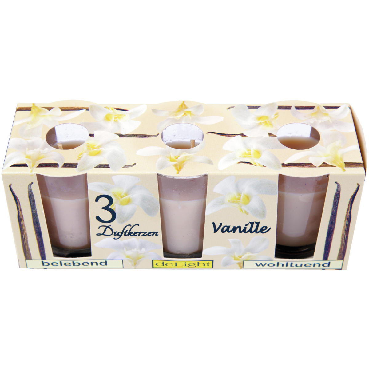 DUFTKERZEN im Glas "Classic" 3er Pack Vanille - Creme, Naturmaterialien (4.5/6.5cm)