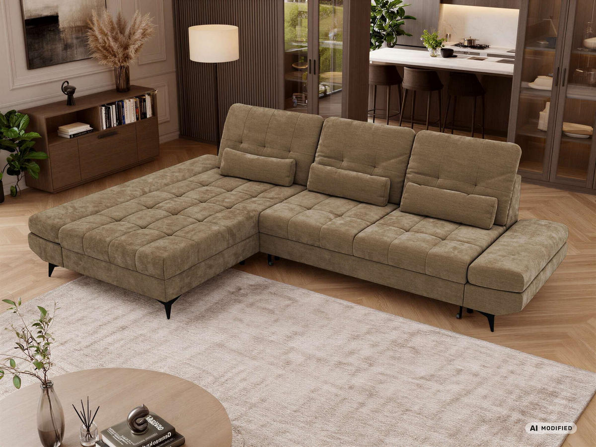 ECKSOFA ALVENO L - Hellbraun Schenille glatt - Links Seite - Hellbraun/Schwarz, Textil/Metall (218/344cm) - MKS
