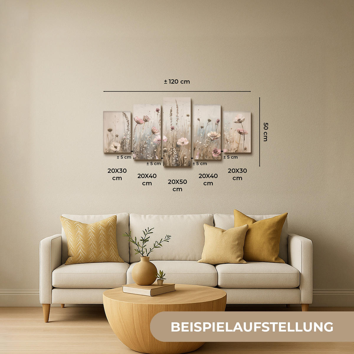 LEINWANDBILD 5er Set Blumen - Beige - Modern - Rosa 100x50 cm - Ecru, Textil (100/50cm) - MuchoWow