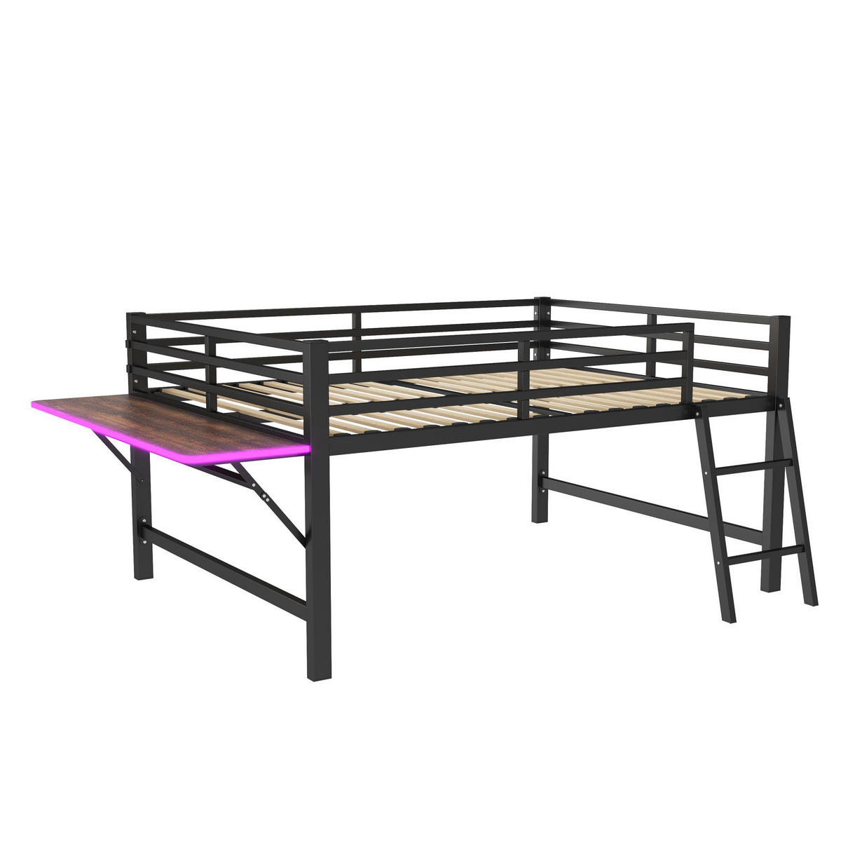 VYVÝŠENÁ posteľ 140/200 cm čierna z kovu so zábranou a rebríkom so sklápacím stolom a LED osvetlením - čierna, kov (140/200cm) - OKWISH