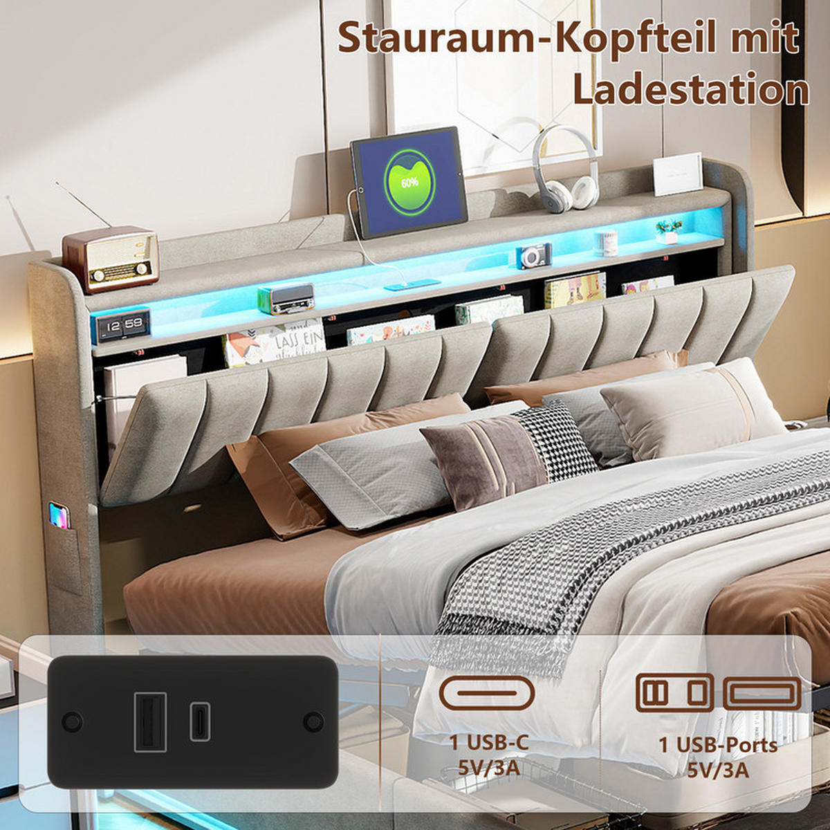 BETT 160x200cm mit hydraulischem Stauraum, LED- und USB-Anschlüssen, mit Lattenrost - Grau, Holzwerkstoff/Textil