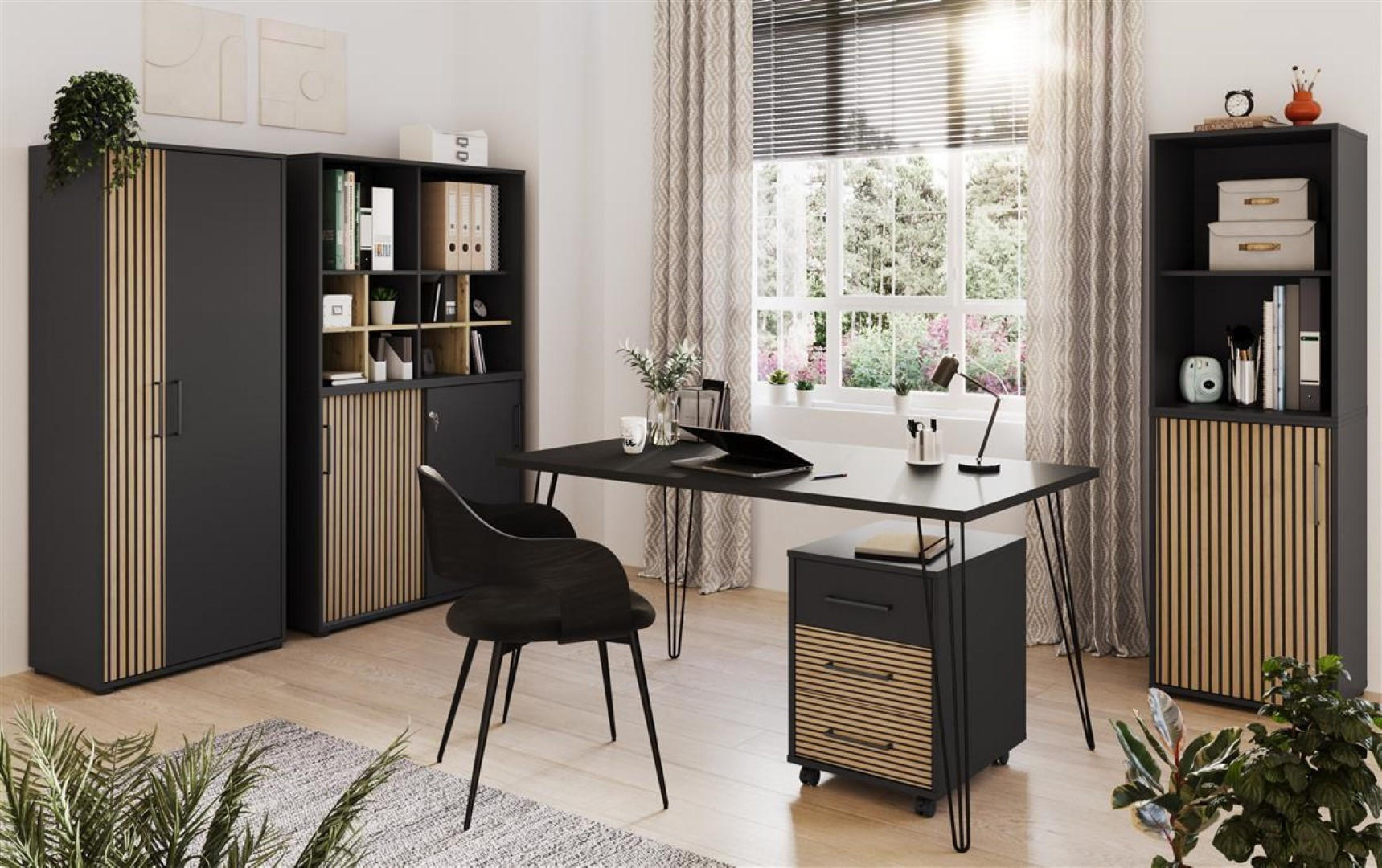 AKTENSCHRANK Raven Tall 164x65x41 cm 4 Fächern & 2 Flügeltüren Akustikplattenoptik Schwarz - Schwarz, Holz (65/164/41cm) - PROREGAL
