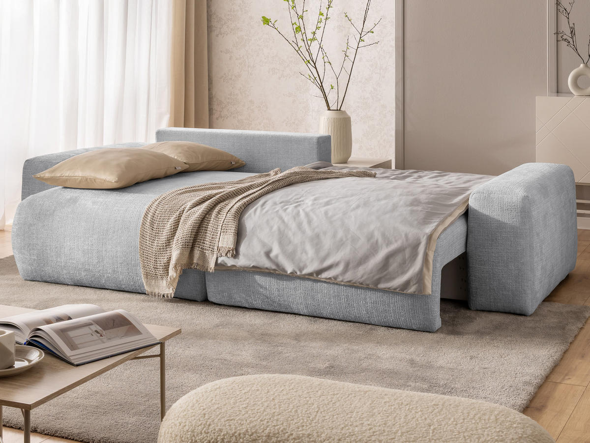 ECKSOFA Puffy mit Schlaffunktion und Bettkasten - besonders weich und puffig aus Hellgrau Chenille-Stoff - Ottomane links - Hellgrau/Schwarz, Holz/Kunststoff (138/266cm) - S-Style Möbel