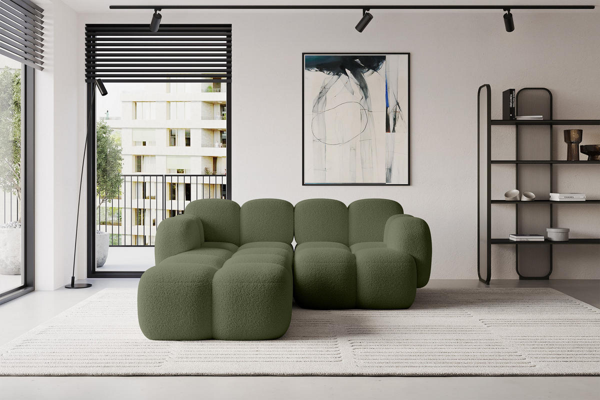 ECKSOFA modulares Sofa Links Miko-L1 214x205x75 Grün Bouclé - Smaragdgrün/Schwarz, Holzwerkstoff/Kunststoff (214/205cm) - ALTDECOR