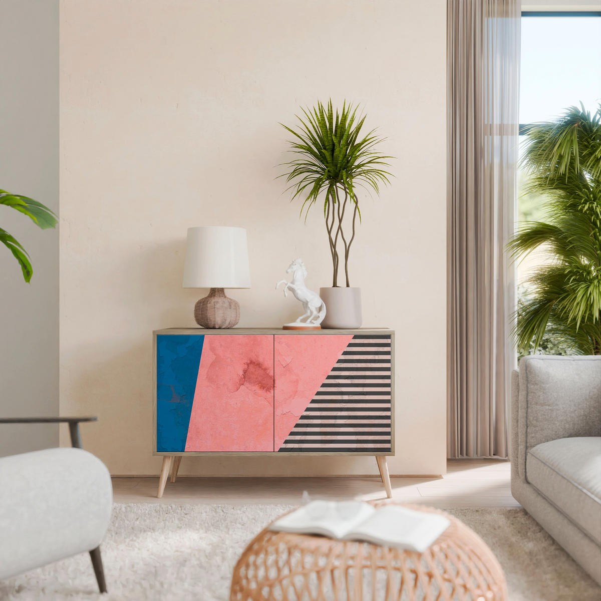 SIDEBOARD GLAMOROUS STRIPE, Eicheneffekt, 111x42x77,5 cm, 2 Türen - Eichefarben/Buchefarben, Holzwerkstoff/Buchenholz (111/77.5/42cm) - SpaceRebels