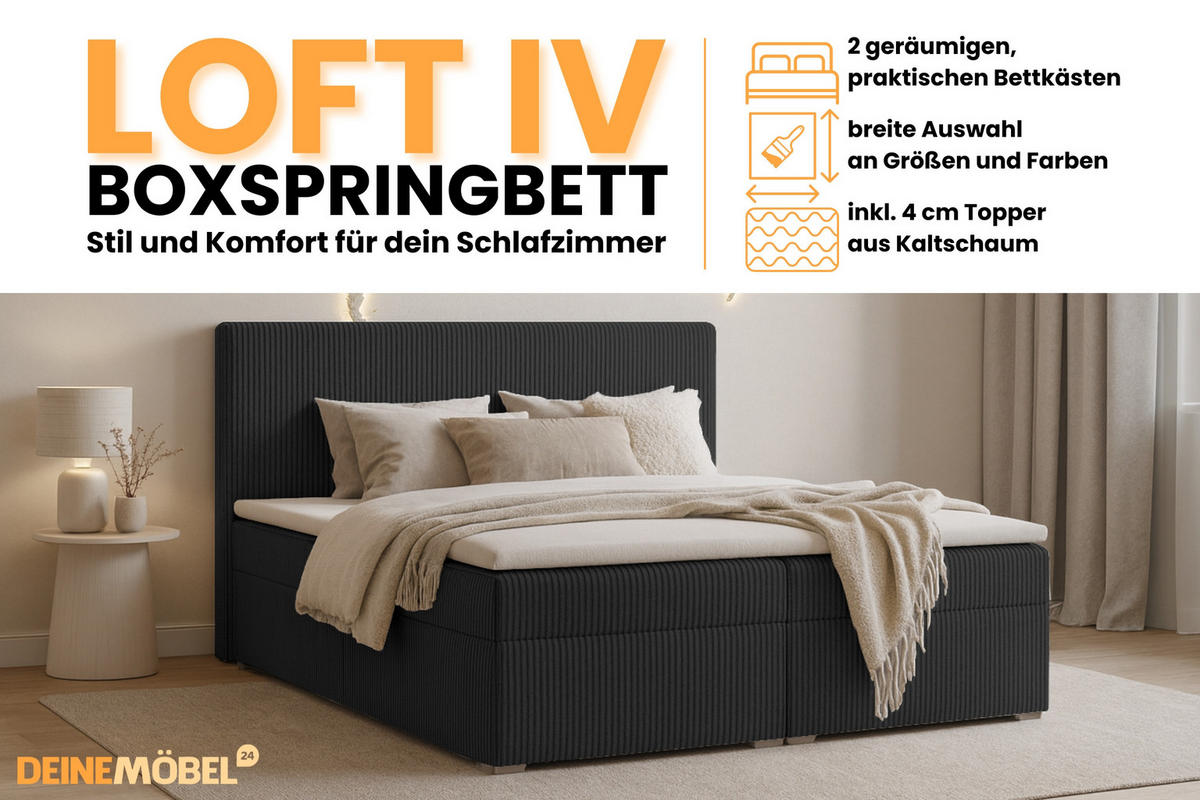 BOXBETT LOFT IV 160/200 Cord Schwarz mit Taschen-Federkernmatratzen 7 Zonen H4 - Schwarz, Holz/Holzwerkstoff (160/200cm) - Deine Möbel 24