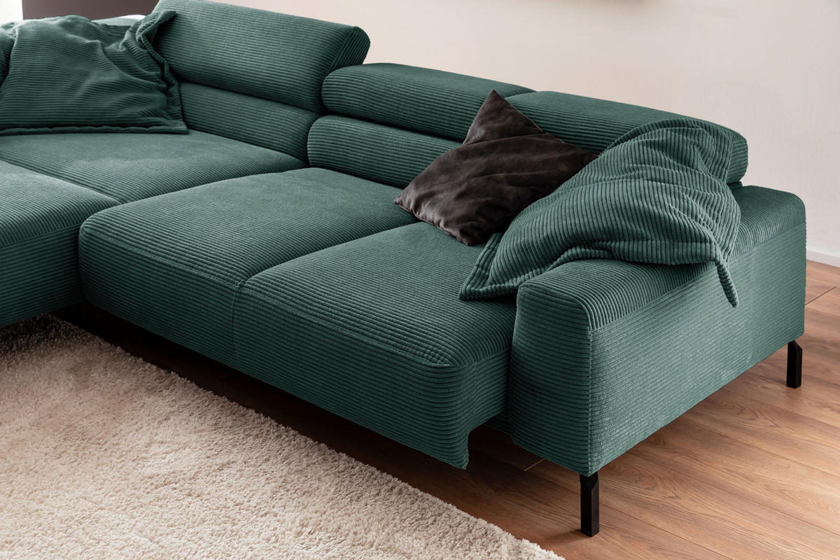 ECKSOFA MIT MOTORISCHEM SITZVORZUG DELIA Smaragdgrün Cord - Smaragdgrün/Schwarz, Textil/Metall (312/219cm) - KAWOLA
