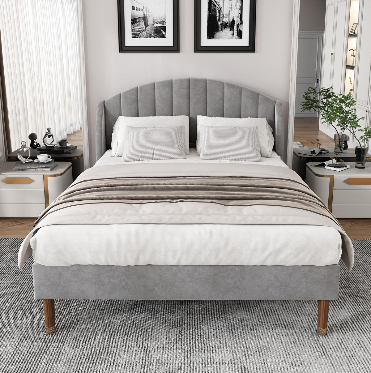 POLSTERBETT 140/200 cm aus Samt mit Lattenrost und gepolstertem Kopfteil Grau - Grau, Textil (140/200cm) - Modenvie