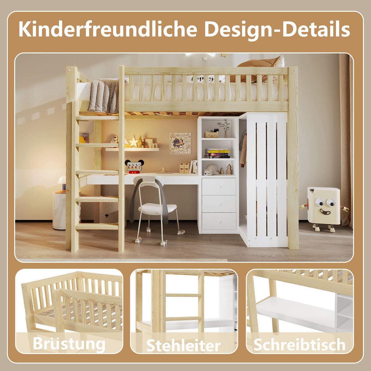 HOCHBETT 90/200 cm mit Schreibtisch, Kleiderschrank, 3 Schubladen und Treppe aus Kiefernholz, Natur - Naturfarben, Holz (90/200cm) - Redom