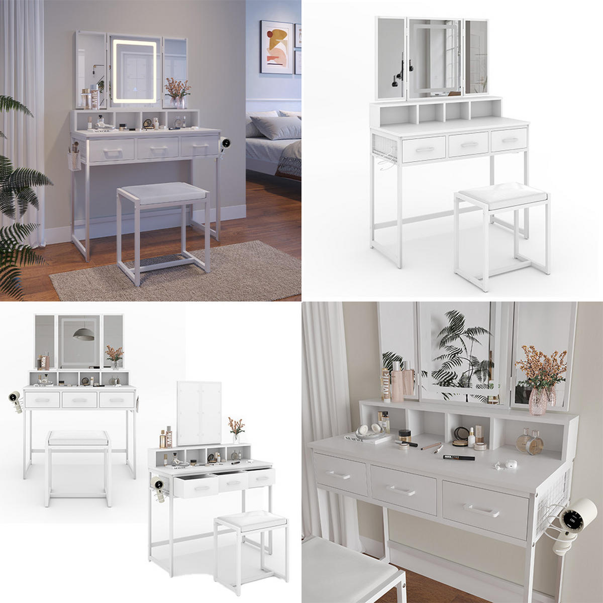 SCHMINKTISCH Mavida Weiß 90 cm mit LED-Spiegel und Hocker - Weiß, Holzwerkstoff (90/137.5/40cm) - Vicco