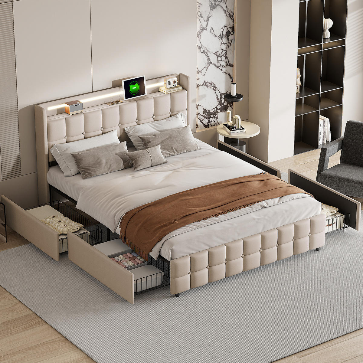 POLSTERBETT 180x200 cm Doppelbett, 4 Aufbewahrungsschubladen, LED-Leuchten & USB-Ladeanschluss, Leinenstoff in Beige - Beige, Holz (180/200cm) - BRILVERDE