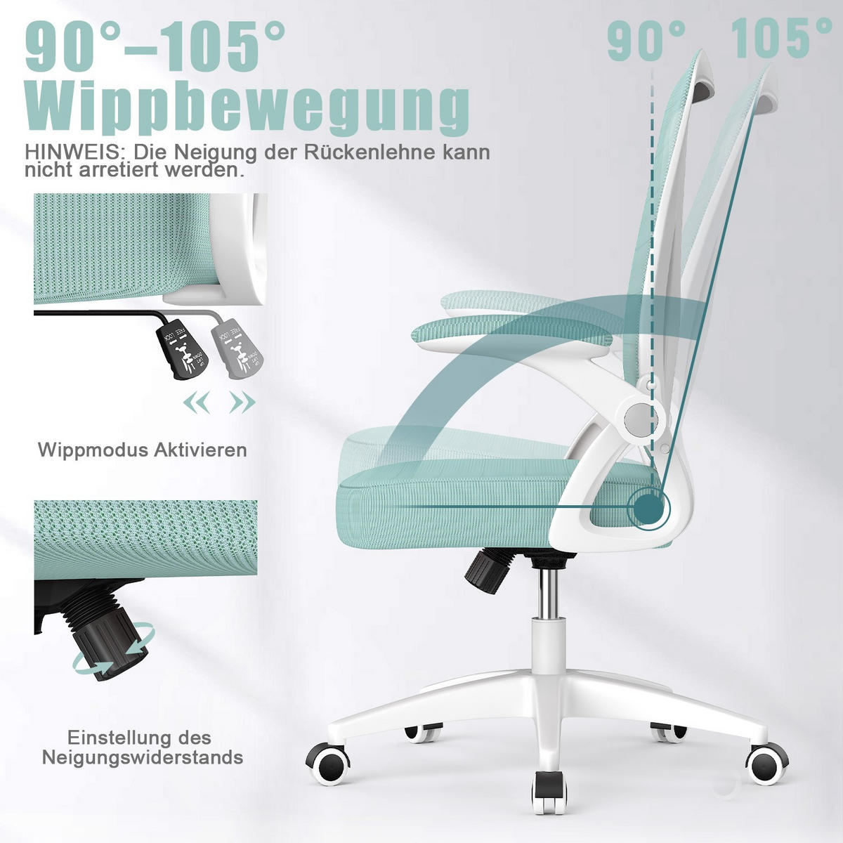 BÜRODREHSTUHL ergonomisch, mittelhohe Rückenlehne, klappbare Armlehnen – Hellgrün - Grün, Metall (50/102/50cm) - Rattantree