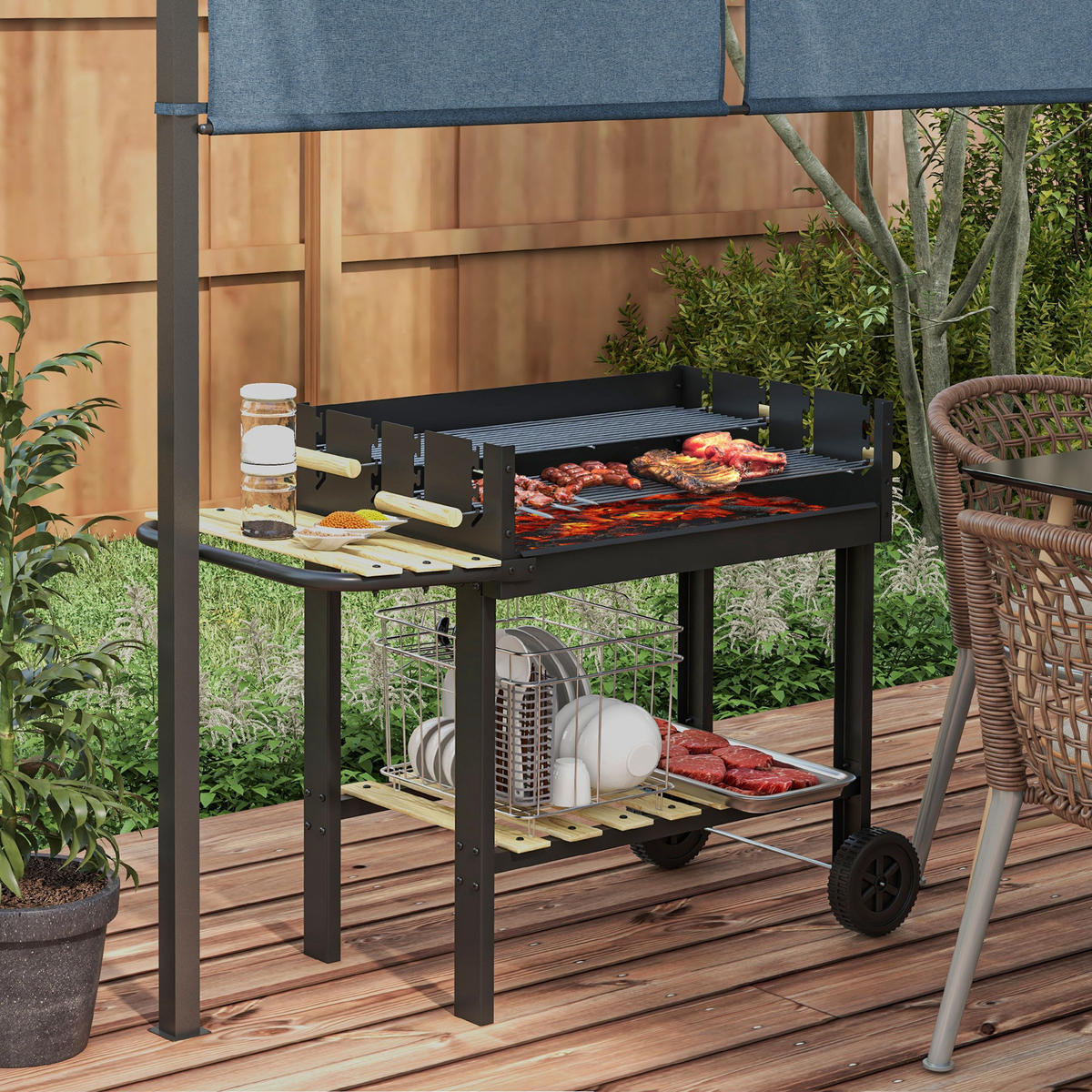 HOLZKOHLEGRILL mit Griff für BBQ, Metall, Schwarz, 113 x 53,5 x 82,5 cm - Schwarz, Metall (53.5/82.5/113cm) - Outsunny
