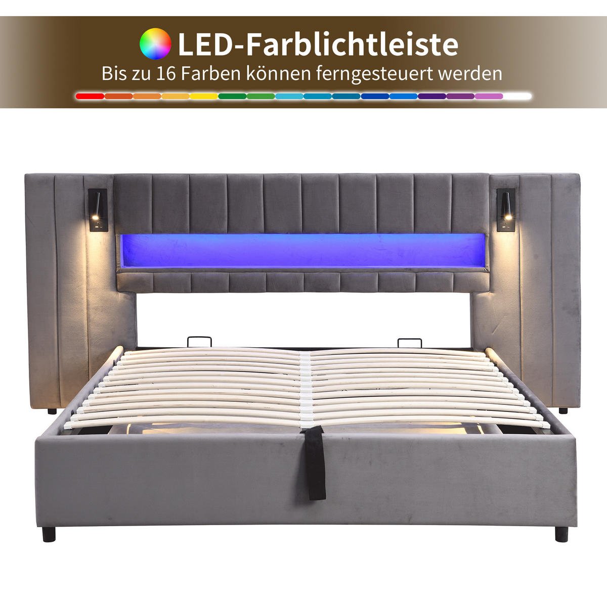POLSTERBETT mit Stauraum, LED und USB 180x200 cm Samt Grau - Grau, Metall (180/200cm) - Meubliv