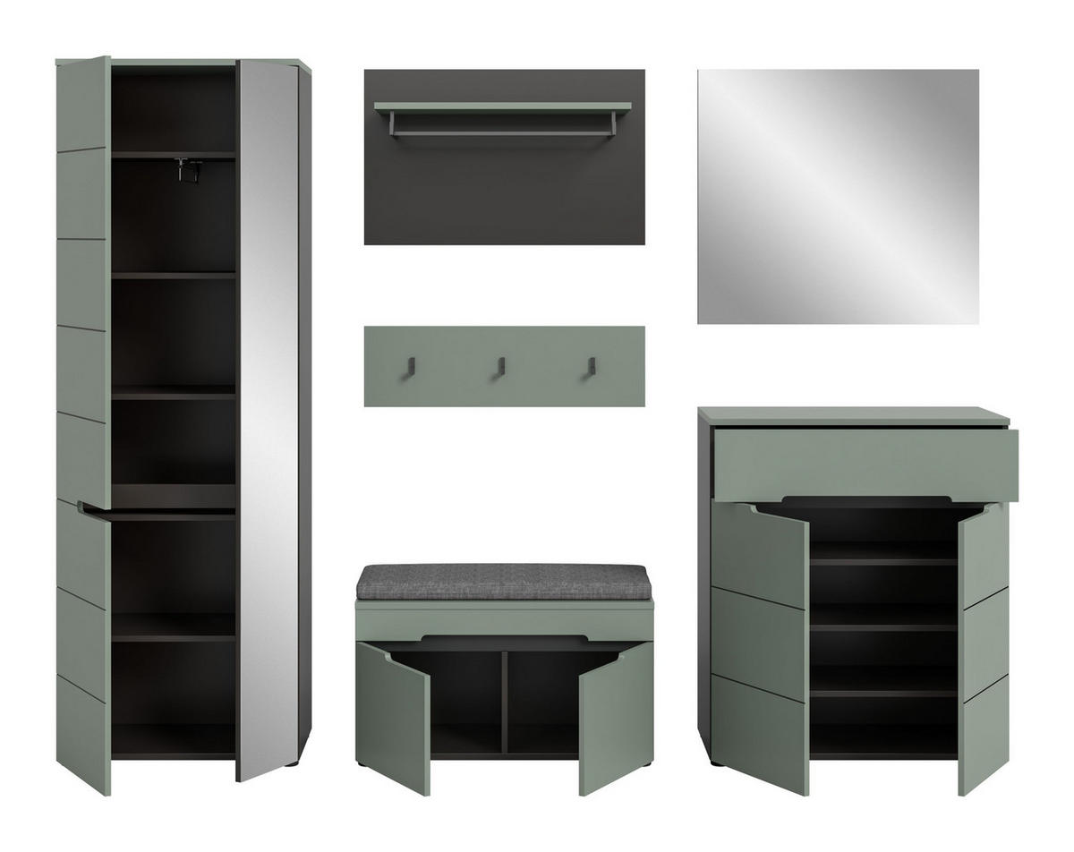 GARDEROBE inkl. Sitzkissen Nova 6-tlg. (B/H/T: ca. 255/190/37 cm) in Basalt grau/Smoke Green - Grau, Holzwerkstoff (255/190/37cm)