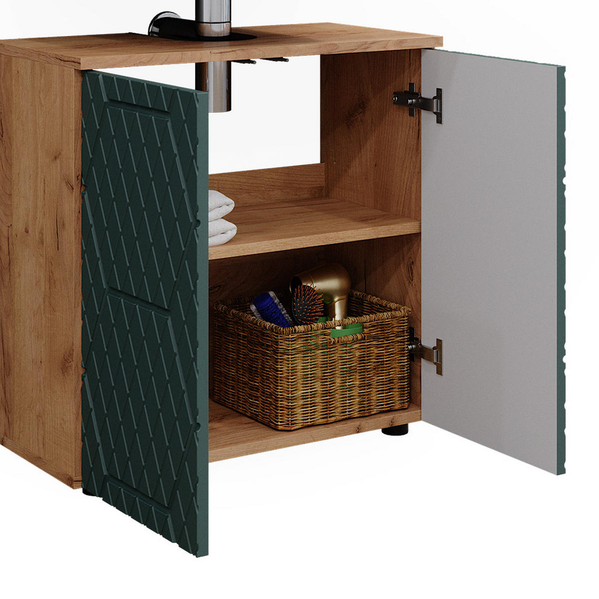 BADMÖBEL-SET Irma Grün 4 Teile, mit Hochschrank und Kommode - Eiche Wotan/Grün, Holzwerkstoff (80/58.6/41cm) - Vicco