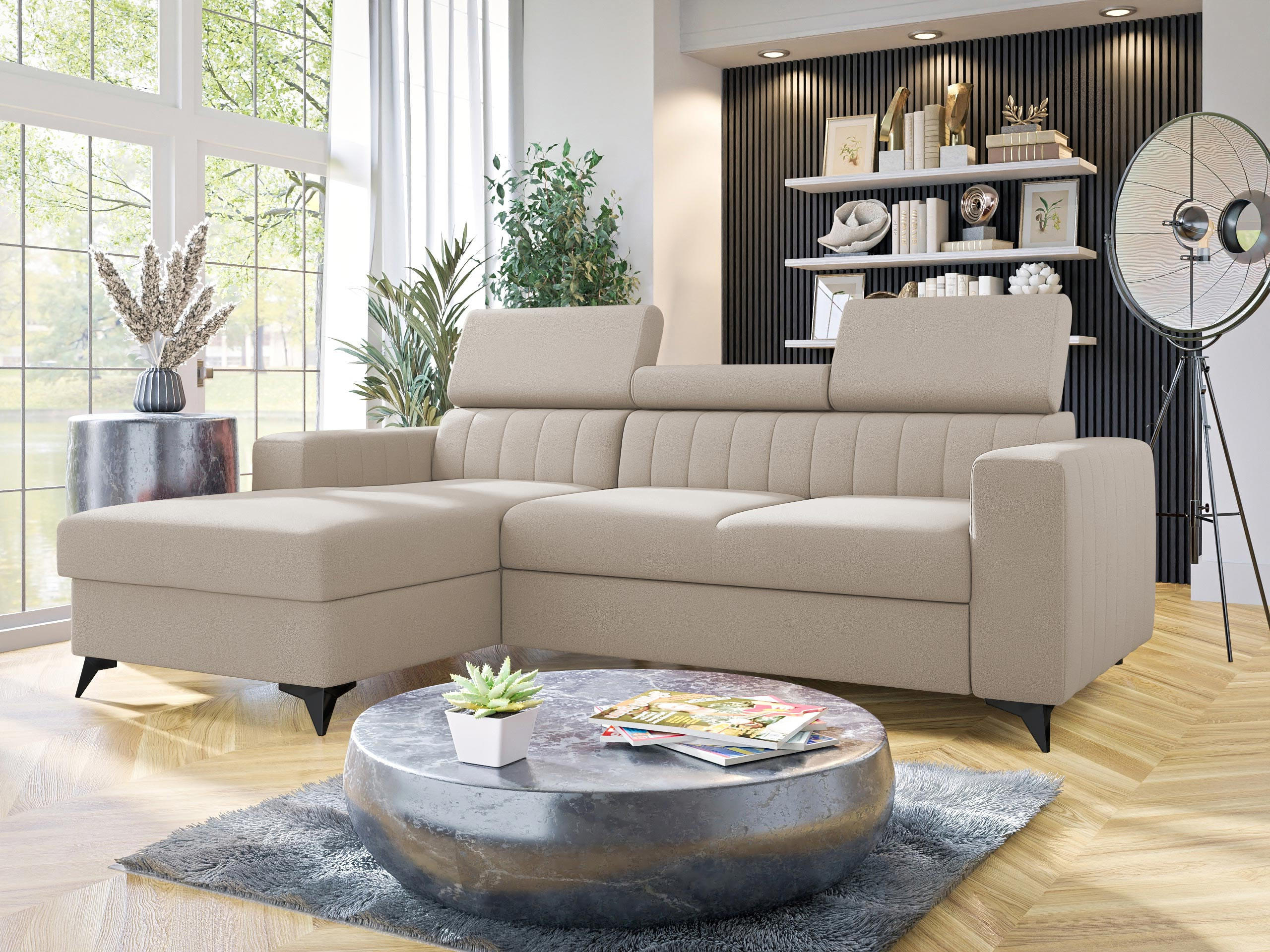 ECKSOFA Milano, Seite: Links LC+2R - Beige/Schwarz, Holz/Textil (236/172cm) - MIRJAN24