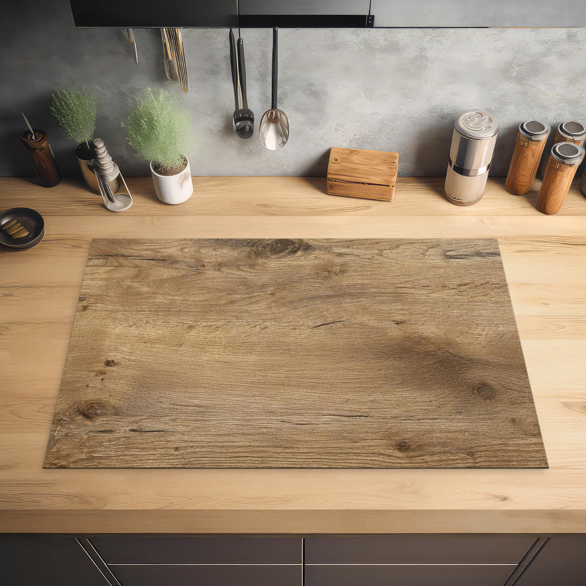 HERDABDECKPLATTE Holz - Braun - Holzoptik Induktionsmatte 81x52 cm - Eichefarben, Kunststoff (81/52/0.2cm) - MuchoWow