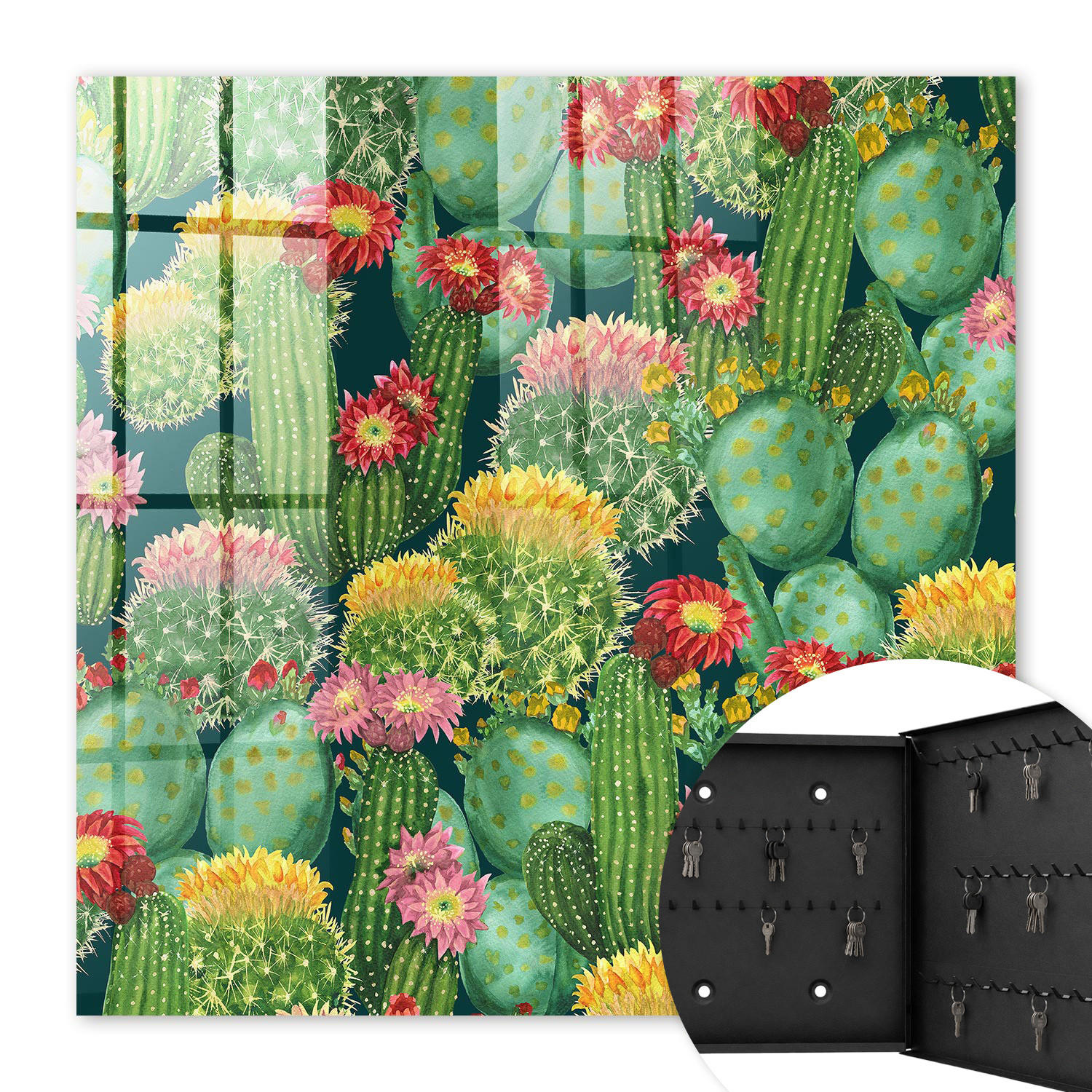 SCHLÜSSELBOX Schwarz 30x30 cm- Türöffnung nach rechts - Bunter Garten - Grün, Metall (30/30/5cm) - TULUP