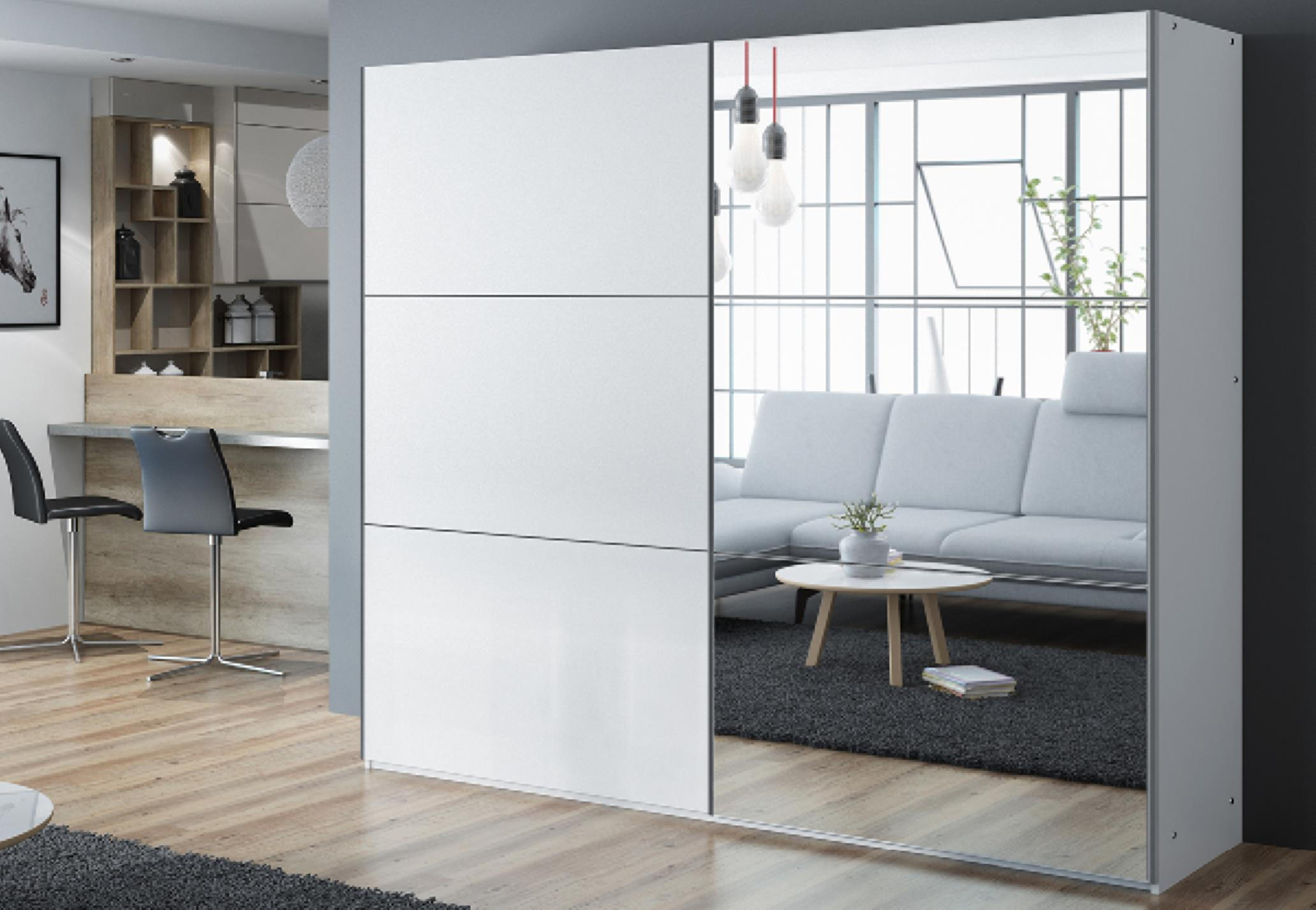 KLEIDERSCHRANK Govi 250 Graphit, zweitüriger Schiebeschrank mit Spiegel und Schubladen - Graphitfarben, Holzwerkstoff (250/215/65cm) - Bettso