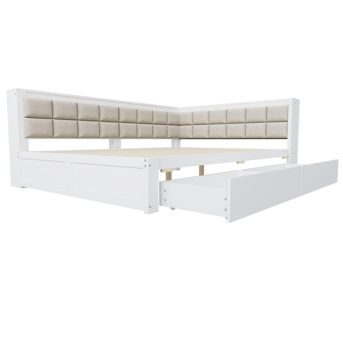 BETT aus Kiefernholz 140x200 cm Weiß mit weicher Rückenlehne und 2 Schubladen - Weiß, Holzwerkstoff (140/200cm) - Modfu