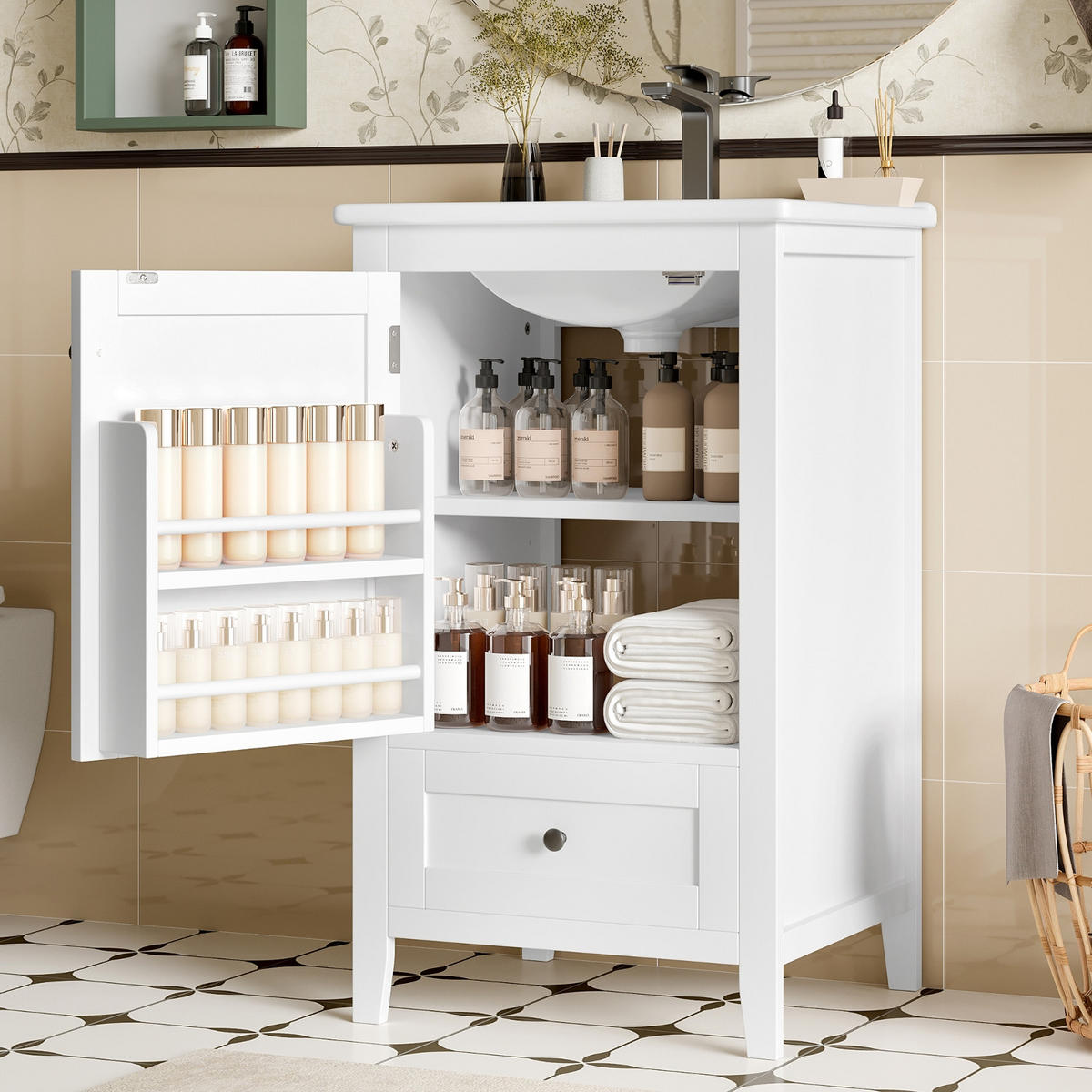 KÜCHENSCHRANK Waschtisch mit Waschbecken, 51/85/46 cm, MDF und Keramik, Weiß, GERÄUSCHLOSE SCHUBLADE, für das Badezimmer - Weiß, Holzwerkstoff (46/85/51cm) - Rolipo