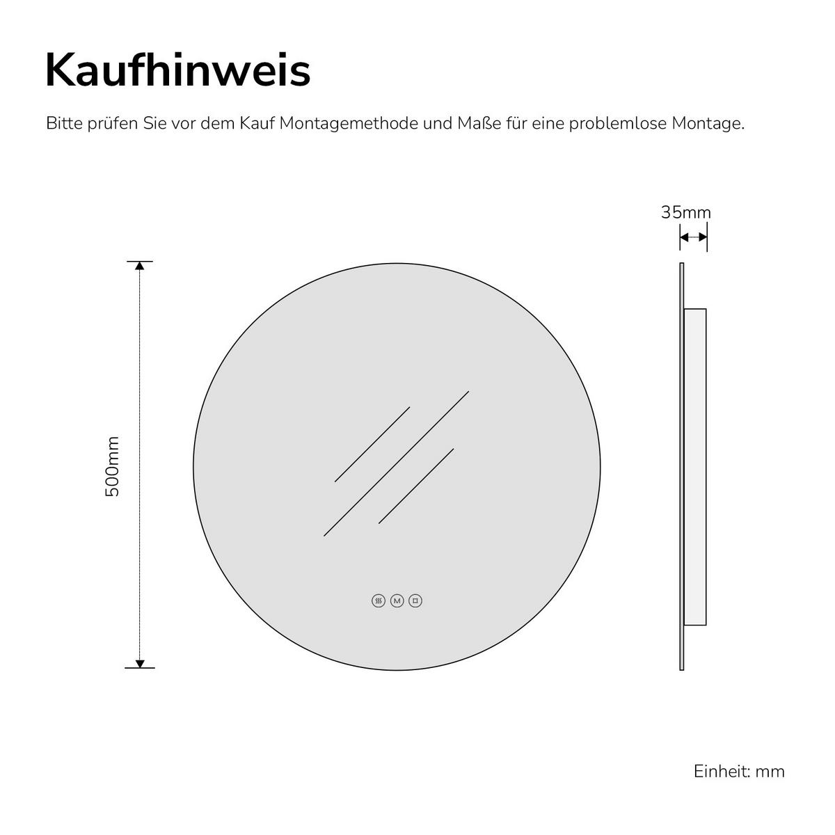 BADSPIEGEL Rund mit Beleuchtung Rahmenlos, 3 Lichtfarben, beschlagfrei, Ø 50 cm - Weiß, Glas (50/3.5/50cm) - EMKE