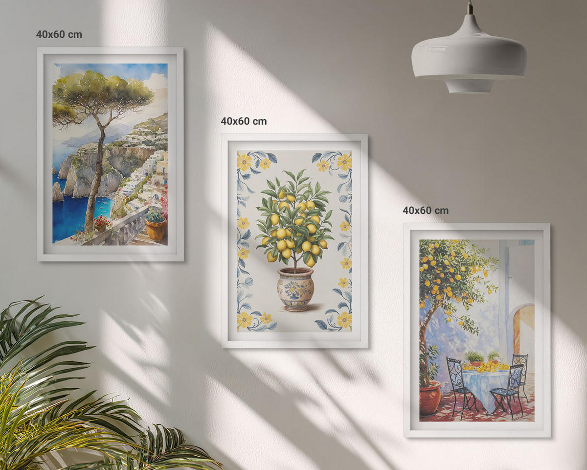 WANDBILDER 3er-Set - 40x60 cm Weißer Rahmen - Gemälde von Zitronenbäumen - Weiß, Kunststoff (40/60cm) - ArtPrintCave