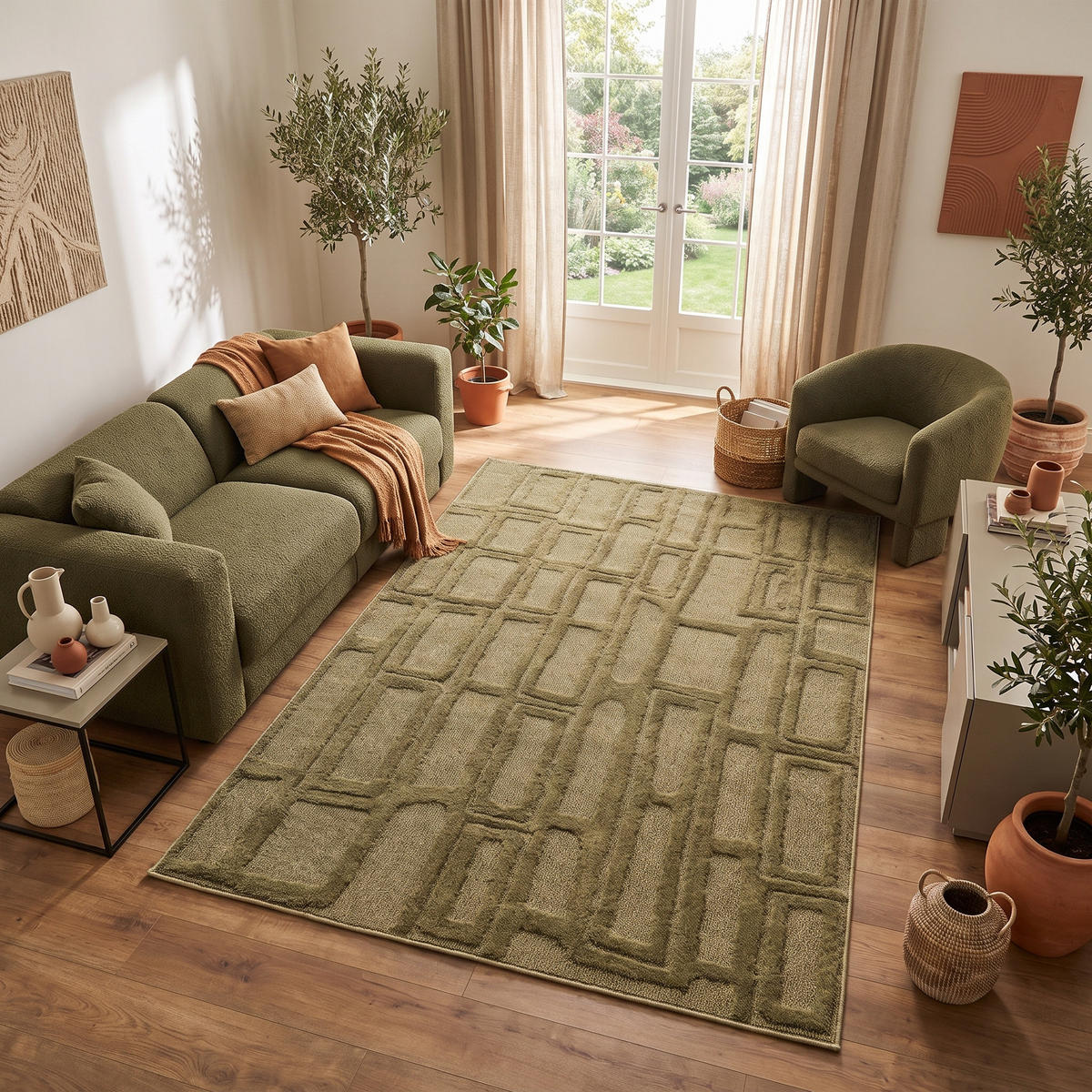KURZFLORTEPPICH RELIEVO oliv grafisch 3D-Struktur 200/300 cm - Olivgrün, Textil (200/300cm) - Tapiso