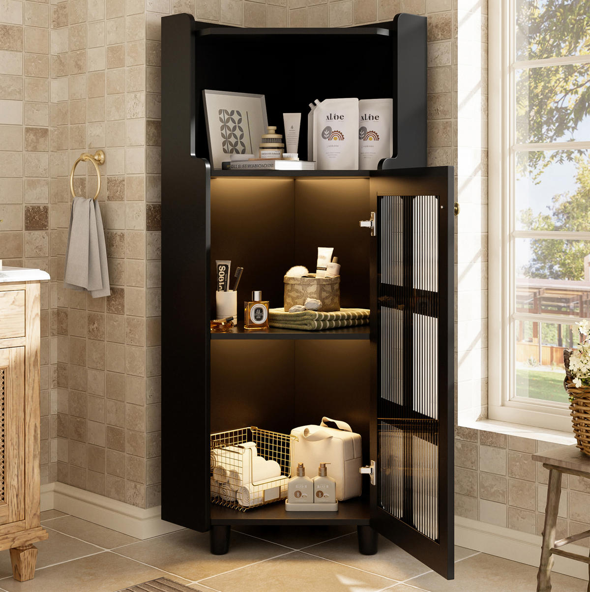 LED-ECKSCHRANK 63.5x16.5x124 cm Schwarz aus Spritzglas mit App-LED & 2-in-1 Stauraum - Schwarz, Holzwerkstoff (63.5/124/16.5cm) - Modfu