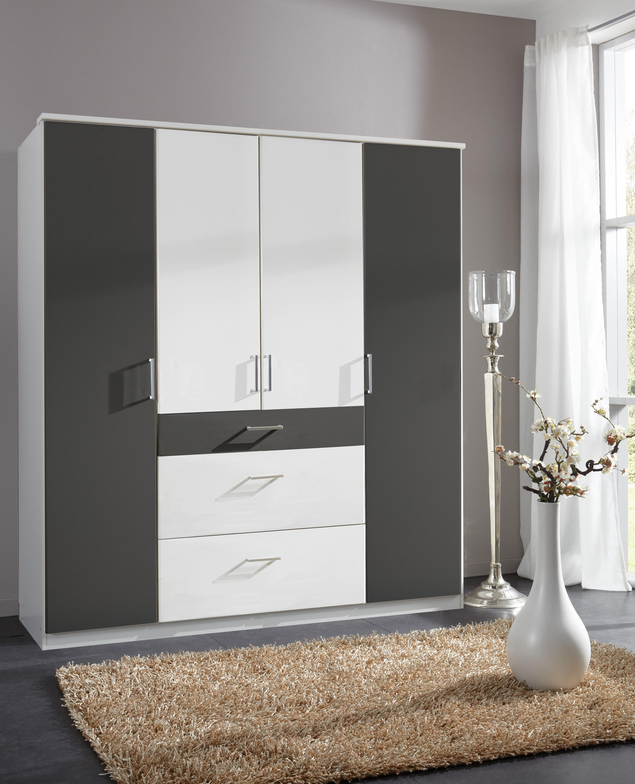 DREHTÜRENSCHRANK Click in Weiß mit Grafit -179 cm Breite - Weiß, Holzwerkstoff (179/199/58cm)