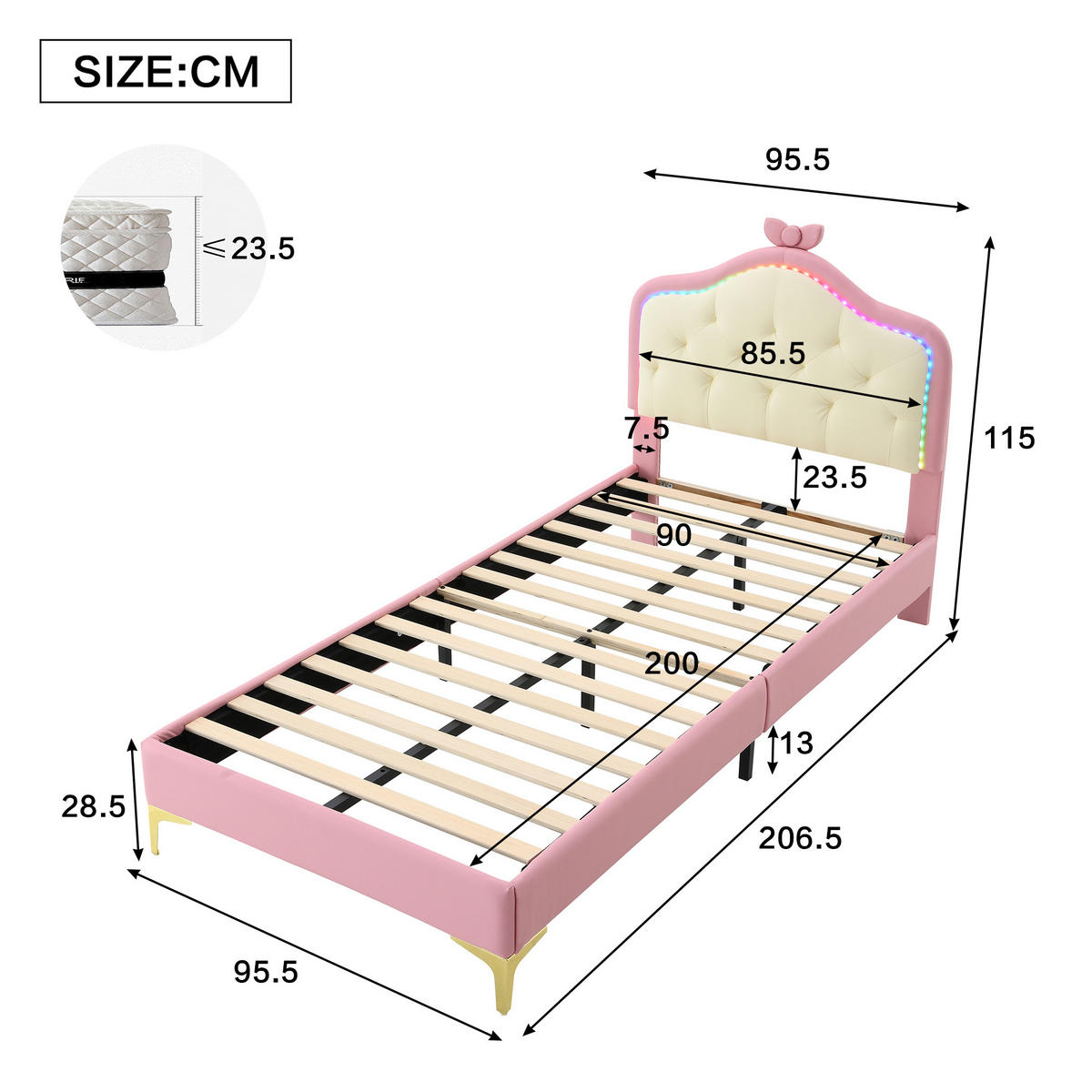 POLSTERBETT 90/200 cm Rosa mit LED-Beleuchtung und wolkenförmigem Kopfteil aus PU - Weiß, Kunststoff (90/200cm) - OKWISH