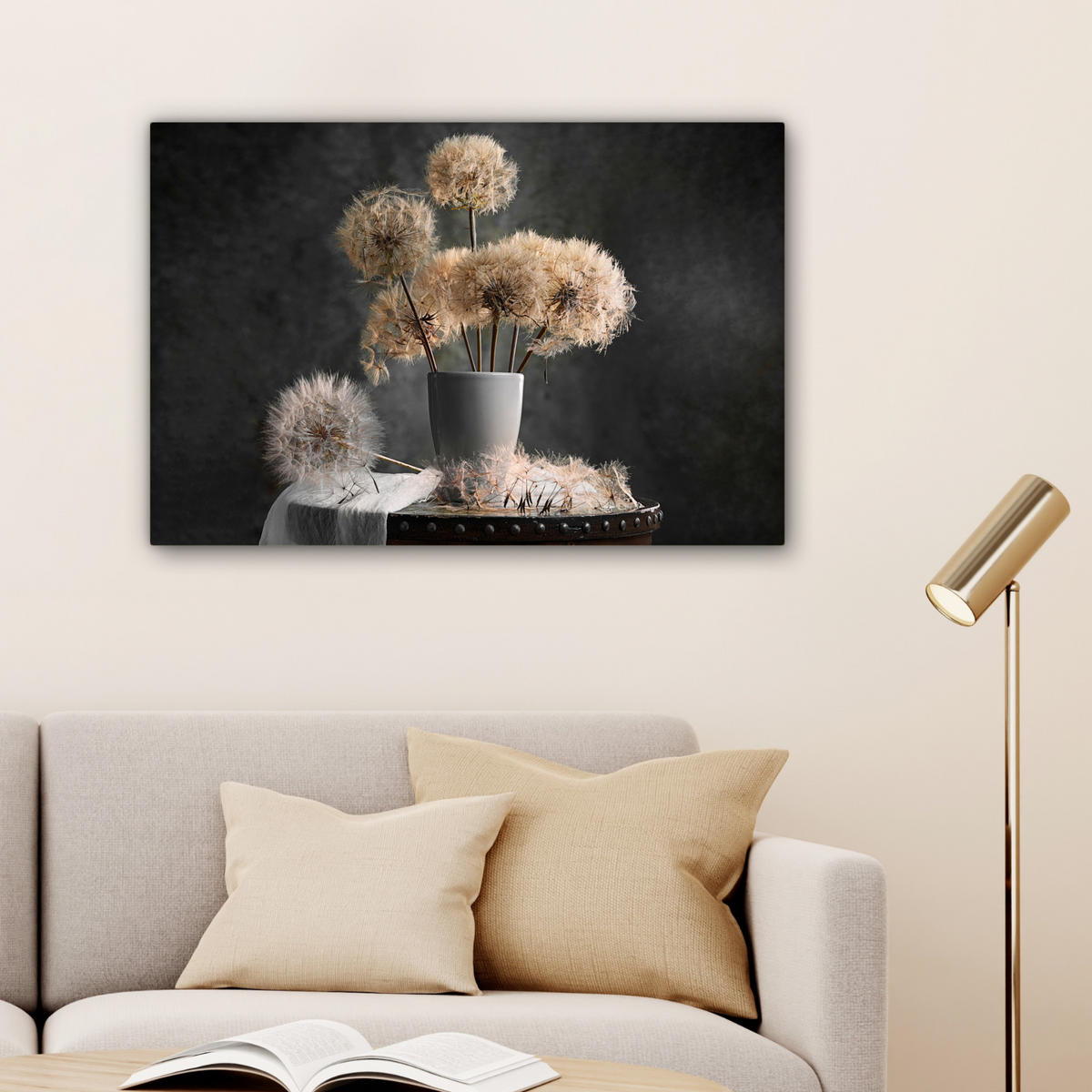 LEINWANDBILD Blumensamen - Löwenzahn - Vase - Stilleben - Blumenstrauß Wanddeko 90x60 cm - Dunkelgrau, Textil (90/60cm) - MuchoWow
