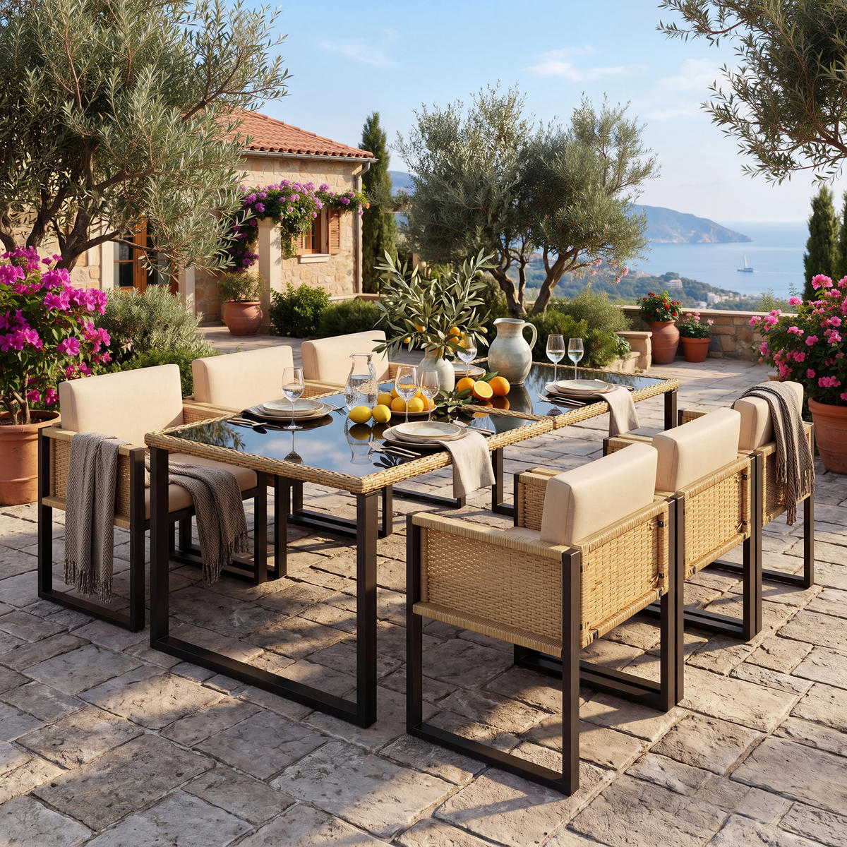 GARTENMÖBELSET Polyrattan 6 Personen Esstisch Stühle waschbar - Multicolor, Textil - FLIEKS