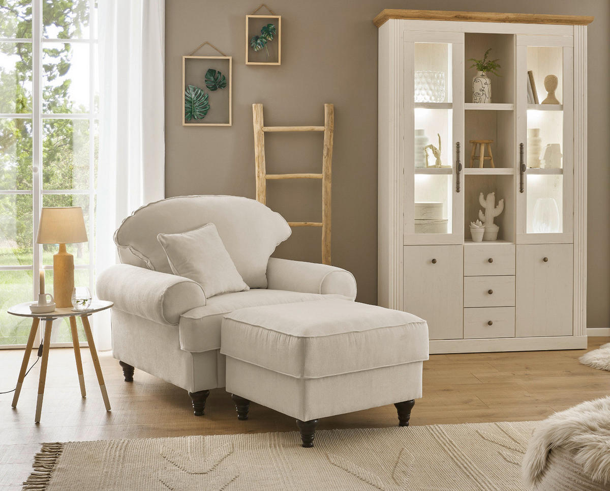 SESSEL-SET beige Landhaus, Loungesessel inklusive Hocker - Beige/Braun, Holz/Textil (175/95/110cm) - Furn.Design