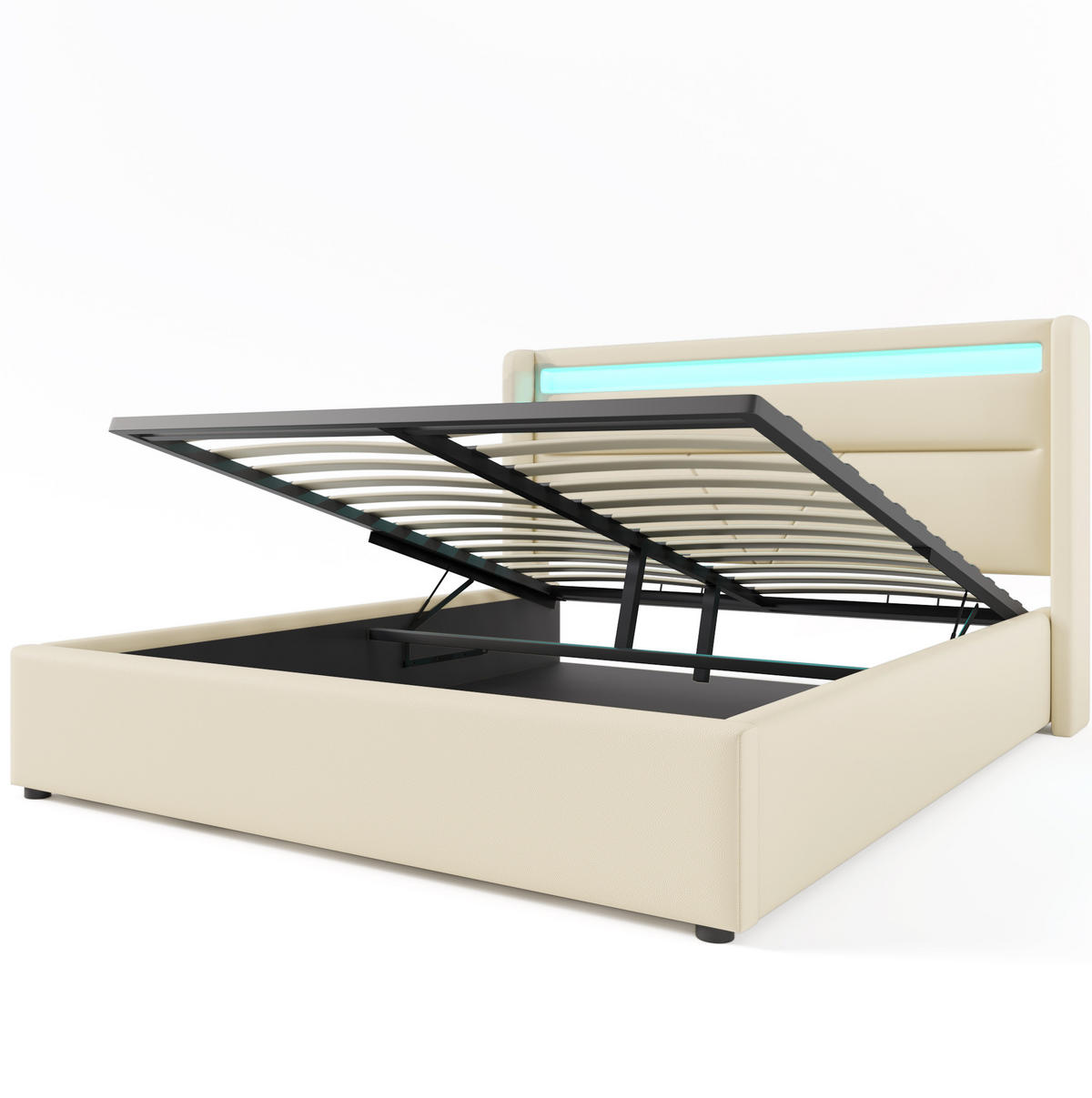 POLSTERBETT 140/200 cm mit LED-Beleuchtung, hydraulischem Bettkasten und Matratze, Weiß - Weiß, Kunststoff (140/140cm) - Redom