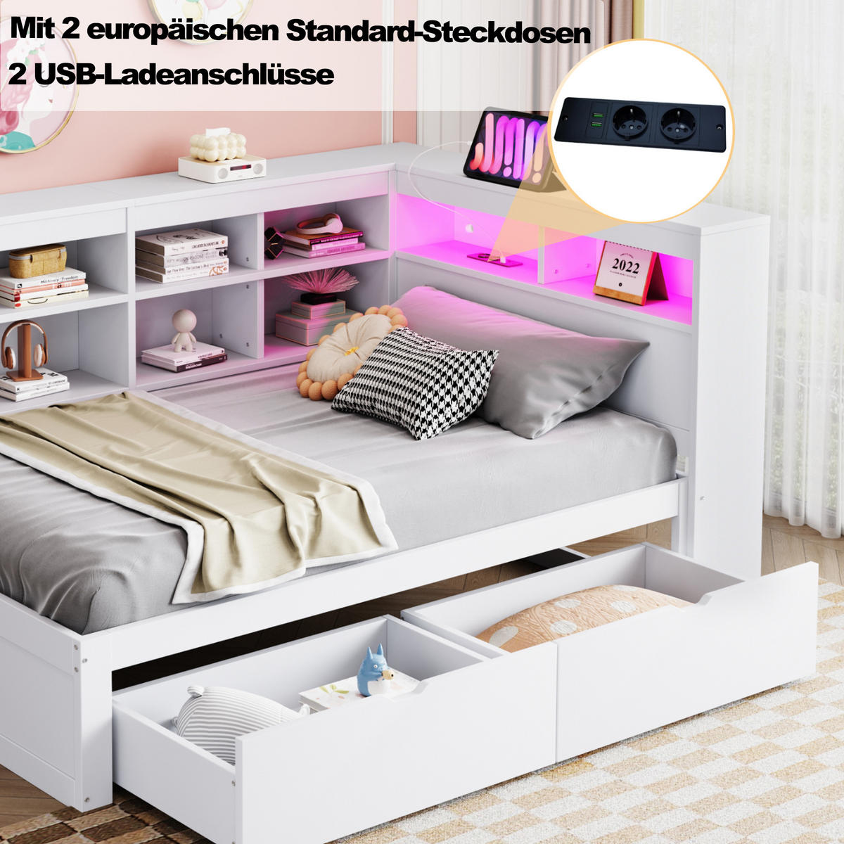 POLSTERBETT 90x200 cm USB Regal weiß - Weiß, Holz (90/200cm) - Fortuna Lai