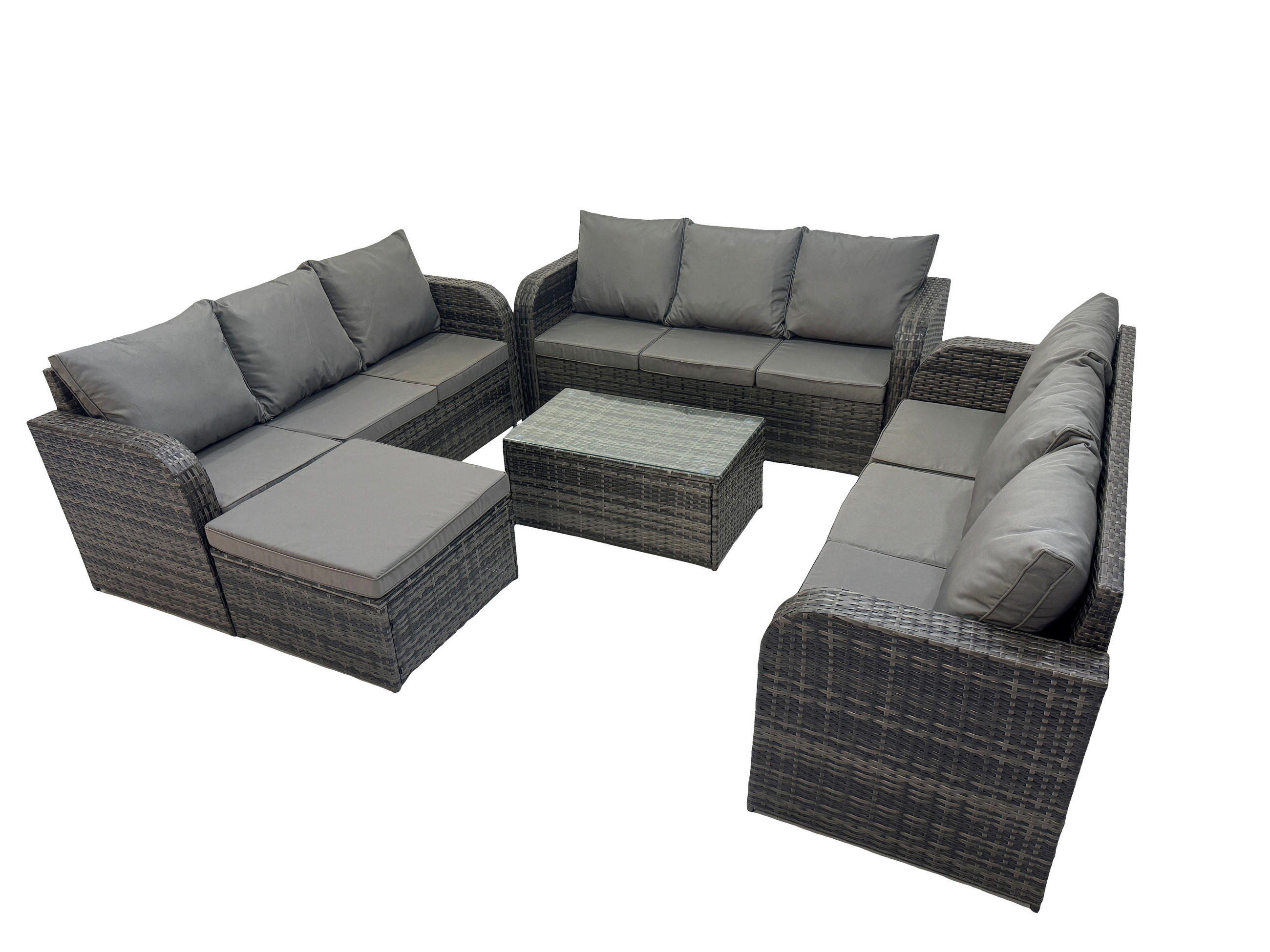 GARTENMÖBELGARNITUR mit KISSEN Polyrattan Dunkelgrau 10-Sitzer - Dunkelgrau/Grau, Glas/Kunststoff - Fimous