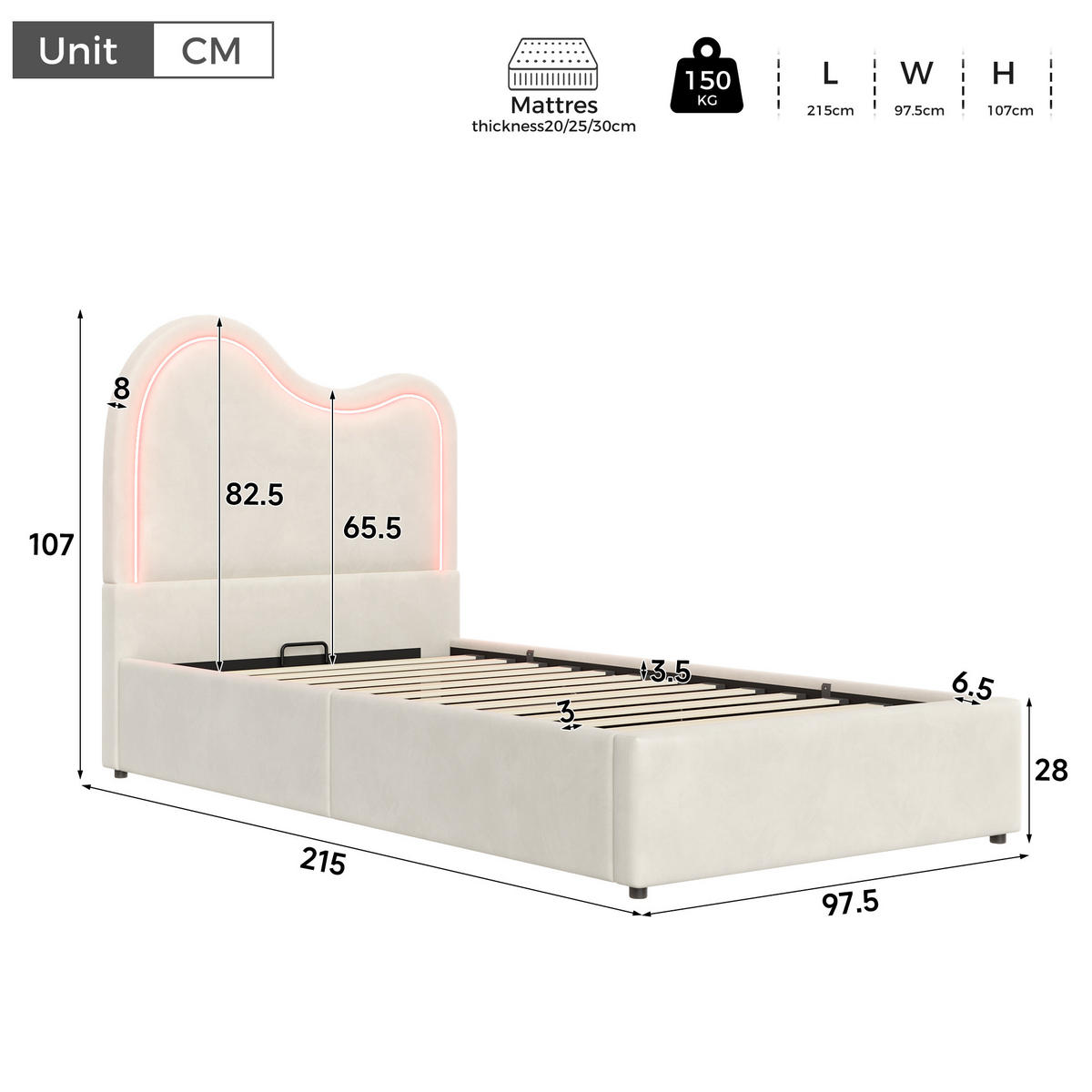 POLSTERBETT 90/200 mit Bettkasten, LED und Lattenrost in Beige - Beige, Holzwerkstoff/Textil (90/200cm) - EVRYAE
