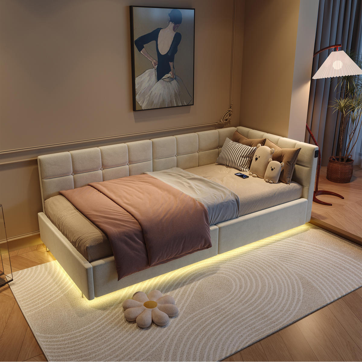 TAGESBETT 90/200 cm in Beige mit LED, Stauraum & USB-Ladestation - Beige, Holz/Metall (90/200cm) - PARAFTA HOME