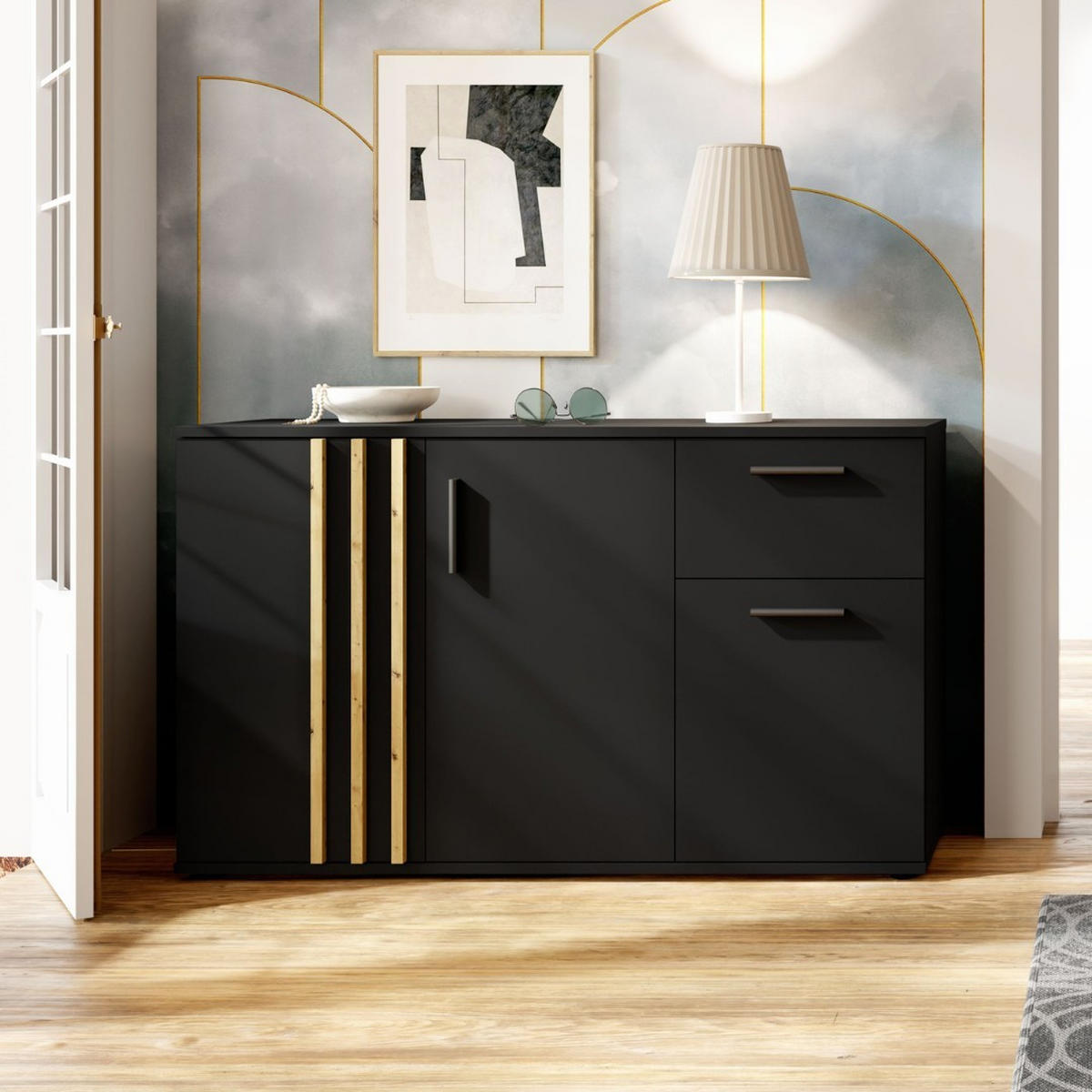 KOMMODE TECTONIC 119,8/72,7/35cm mit 1 Schubladen 3 Türen Schwarz - Schwarz, Holzwerkstoff (119.8/72.7/35cm) - MASSENO
