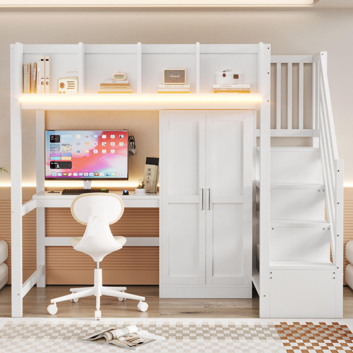HOCHBETT 90/200 cm in Weiß mit Schreibtisch, Kleiderschrank, Regalen, Leiter mit Stauraum, LED und Steckdosen aus Holz - Weiß, Holzwerkstoff (90/200cm) - STILVORA