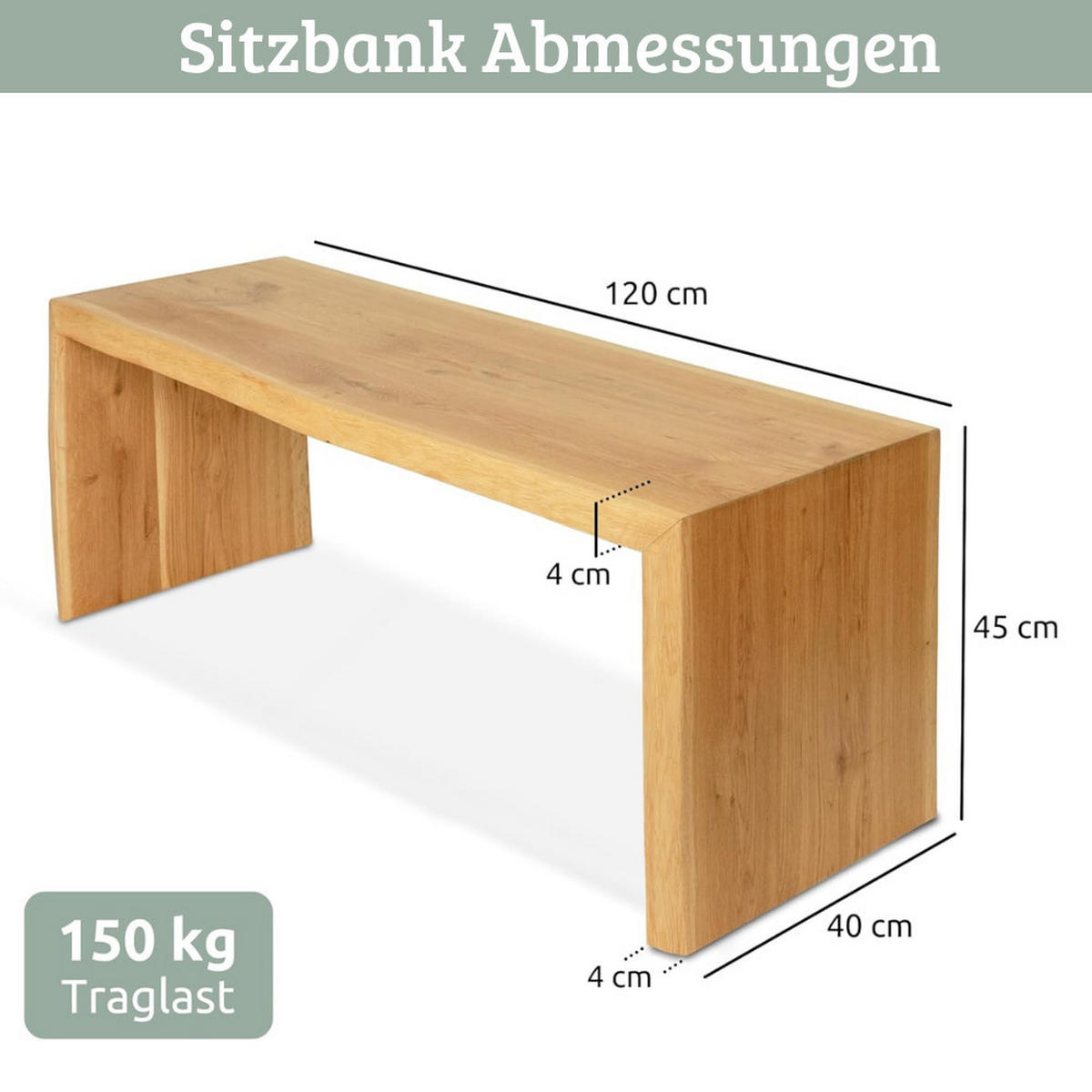 HOLZBANK EGON Eiche Massiv mit Baumkante 120x40x45 cm - Braun, Holz (120/45/40cm) - DELUKE