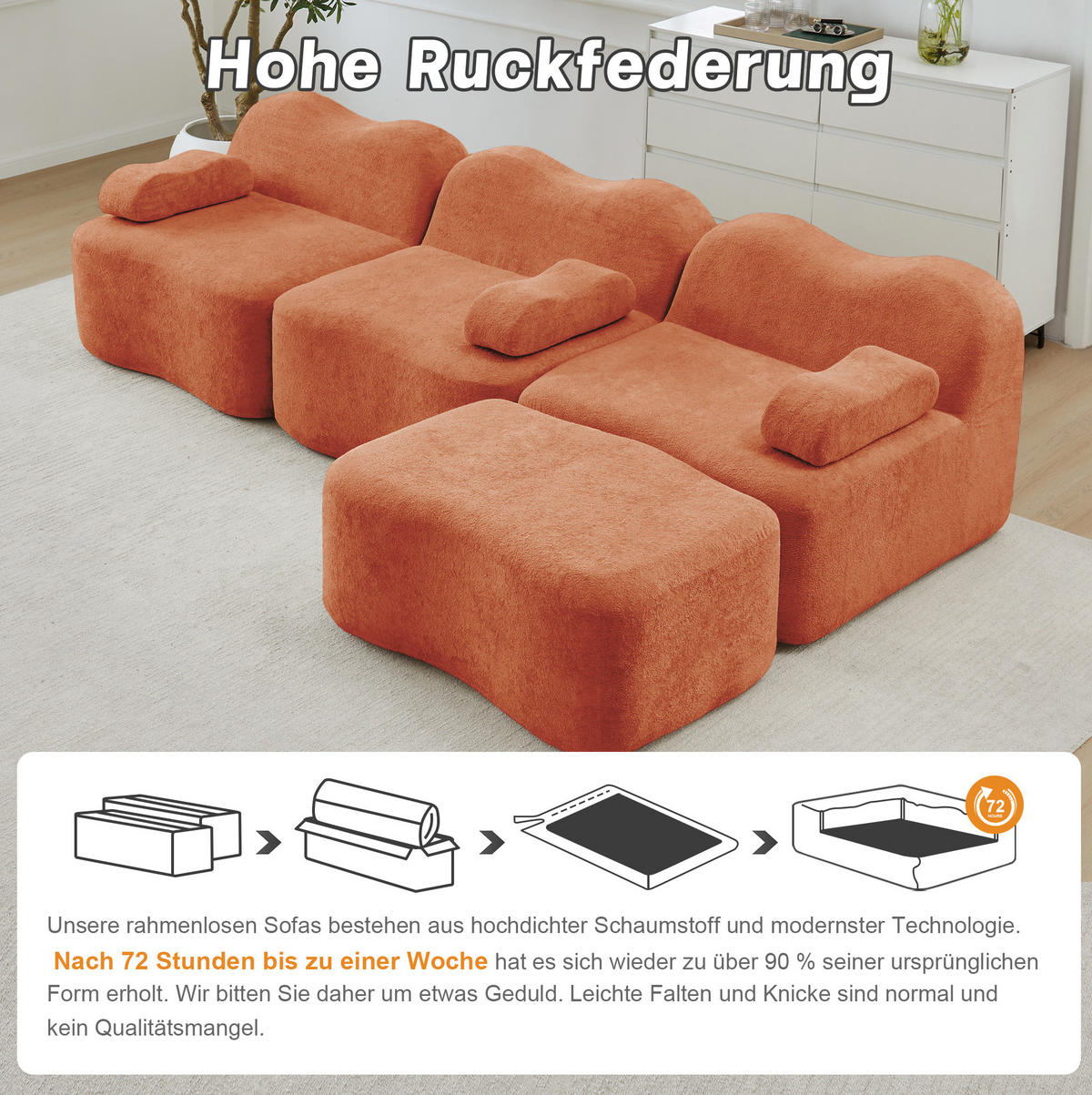 SOFA 288/167/70 cm in Orange aus Samt mit tiefem Sitzkomfort - Orange, Textil (167/70/288cm) - Flora Grace