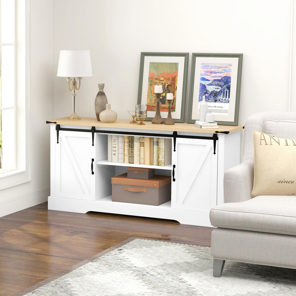 SIDEBOARD Weiß/Eiche-Nachbildung, 2 Schiebetüren, 150/40/72 cm - Weiß, Holz (150/72/40cm) - PANGIVO