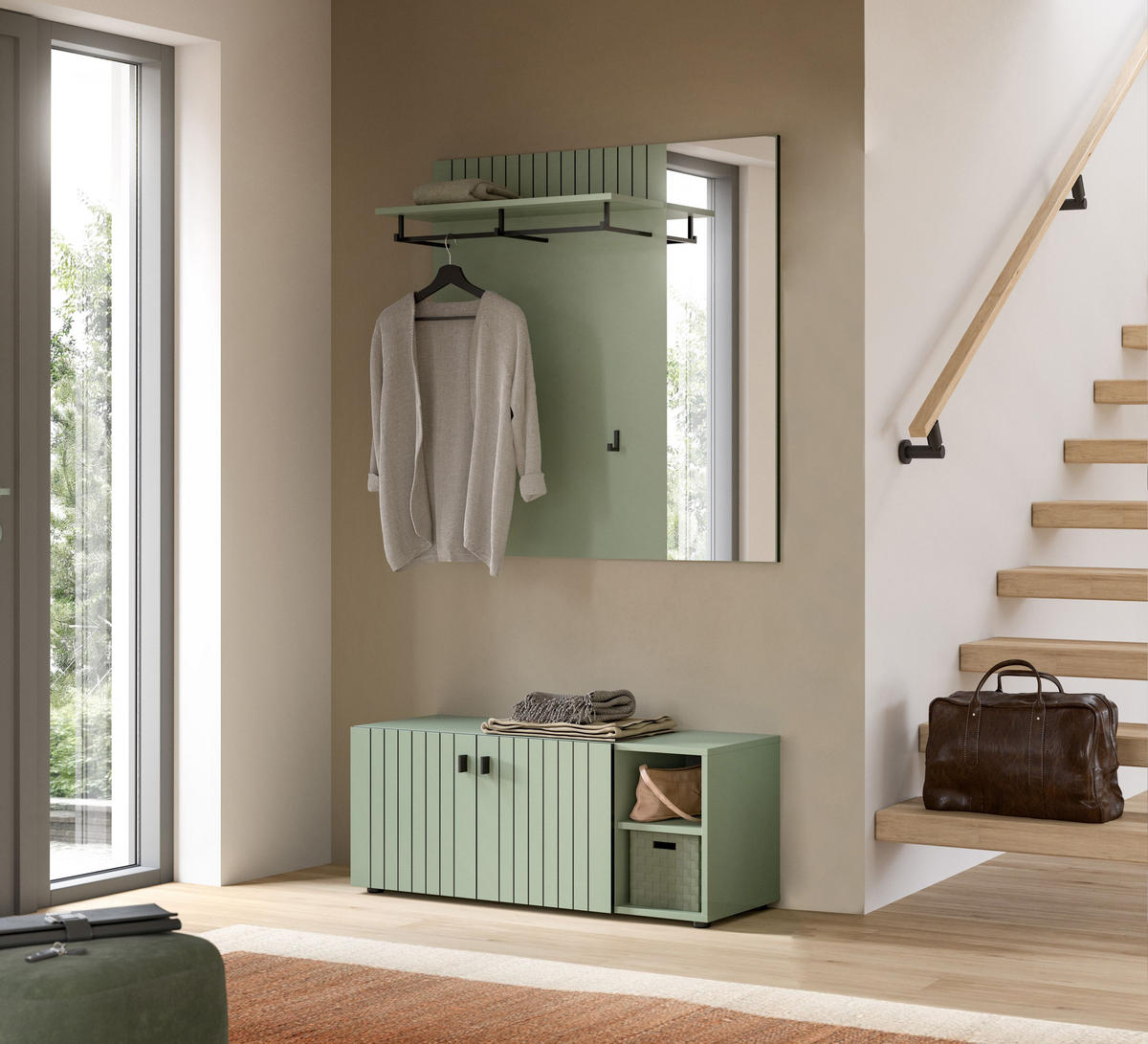 SITZBANK STATION (B/H/T: ca. 106/43/37 cm) in Smoke Green/Smoke Green - Grün, Holzwerkstoff (106/43/37cm)