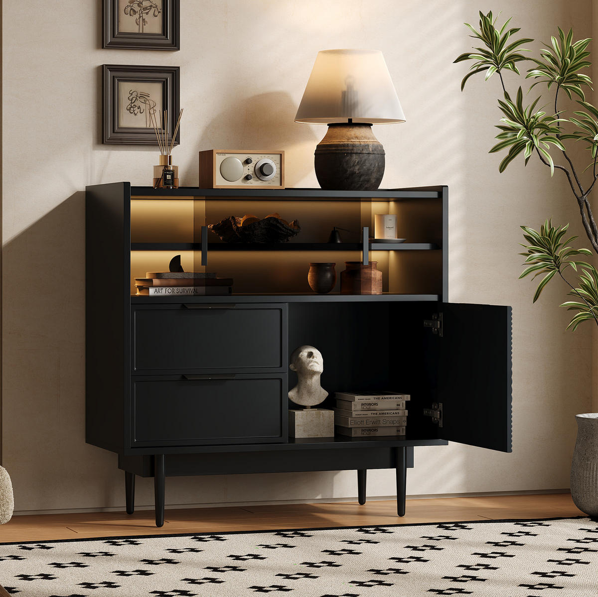 AUFBEWAHRUNGSSCHRANK aus MDF Schwarz mit Glasschiebetüren, Schubladen und LED-Beleuchtung - Schwarz, Holzwerkstoff (80/80/35cm) - IVMEU